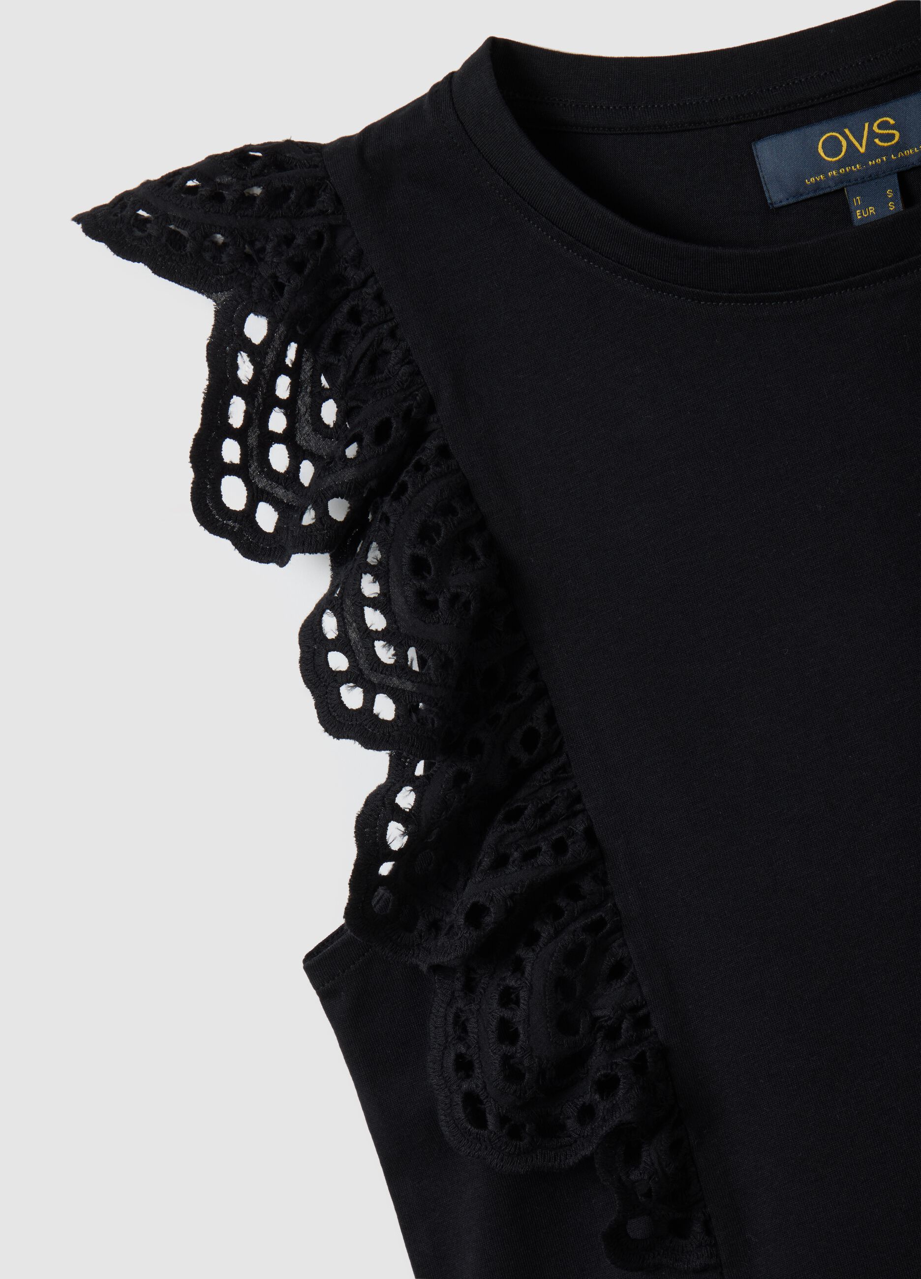 Women's black pure cotton top with lace, regular fit