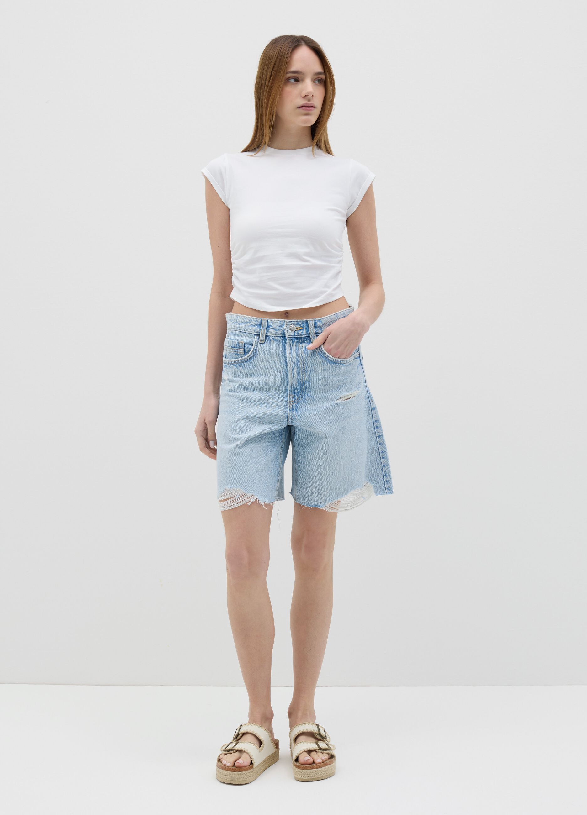 Shorts da donna in puro cotone azzurro regular fit