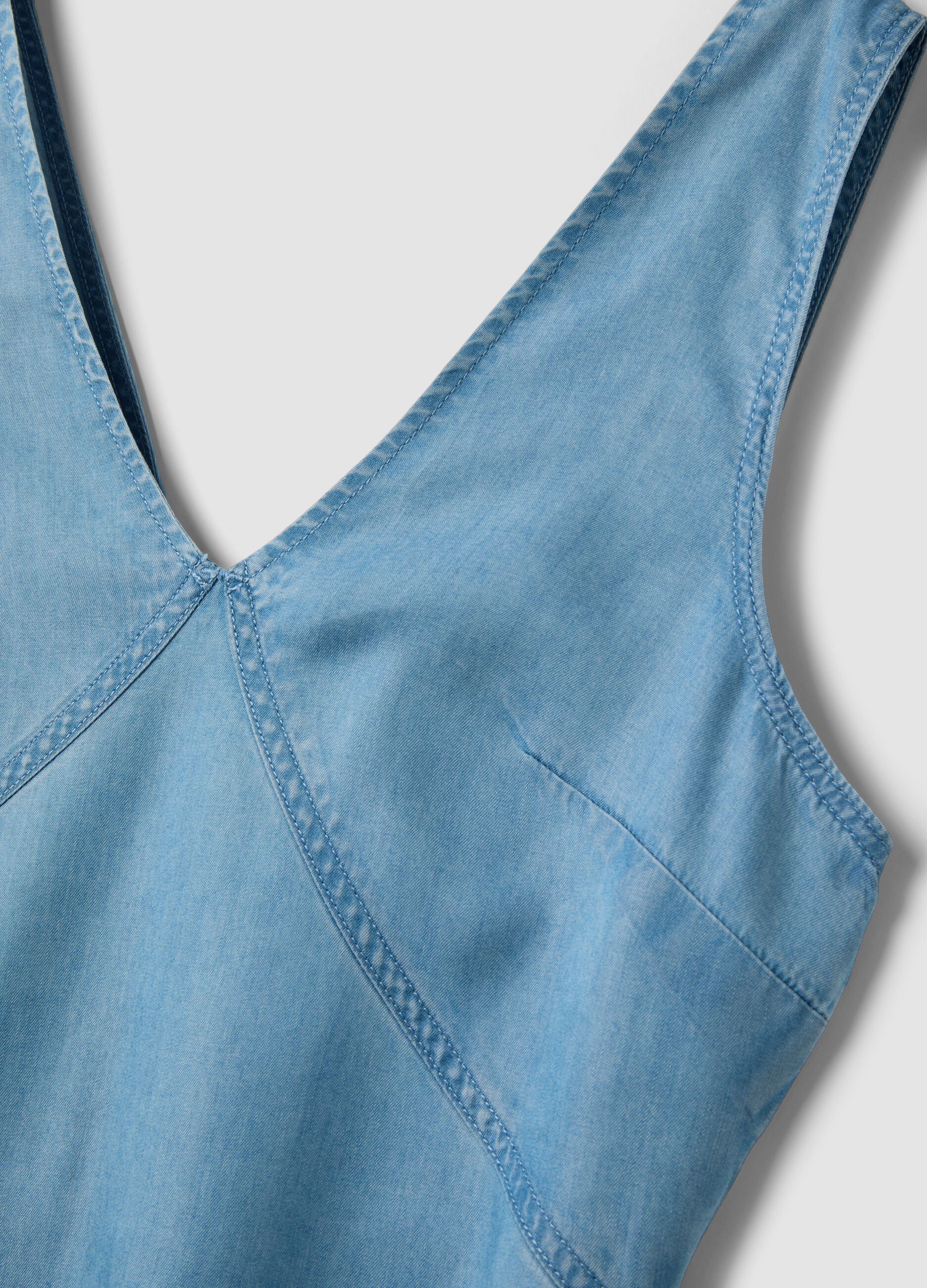 Light Blue Denim Midi Dress in 100% Lyocell, Sleeveless