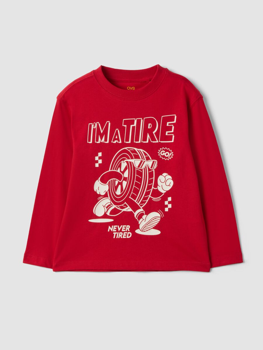 Red oversized pure organic cotton T-shirt with racing print for boys_0