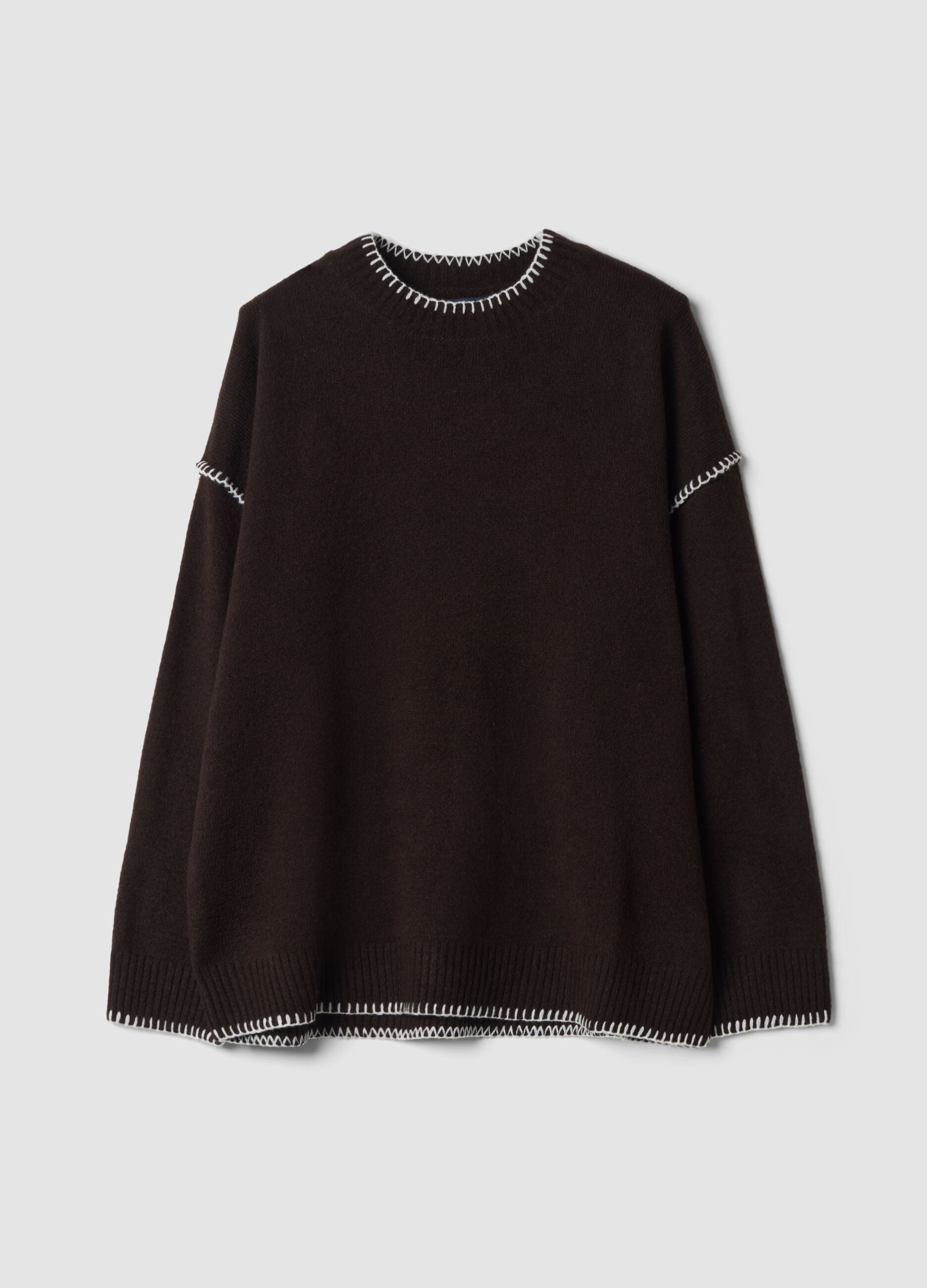 Brown stretch wool jumper with exposed seams, oversized fit