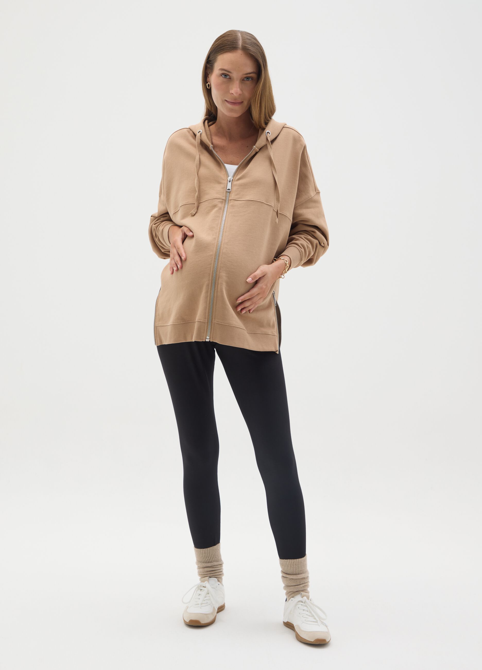 Beige maternity hoodie with zip