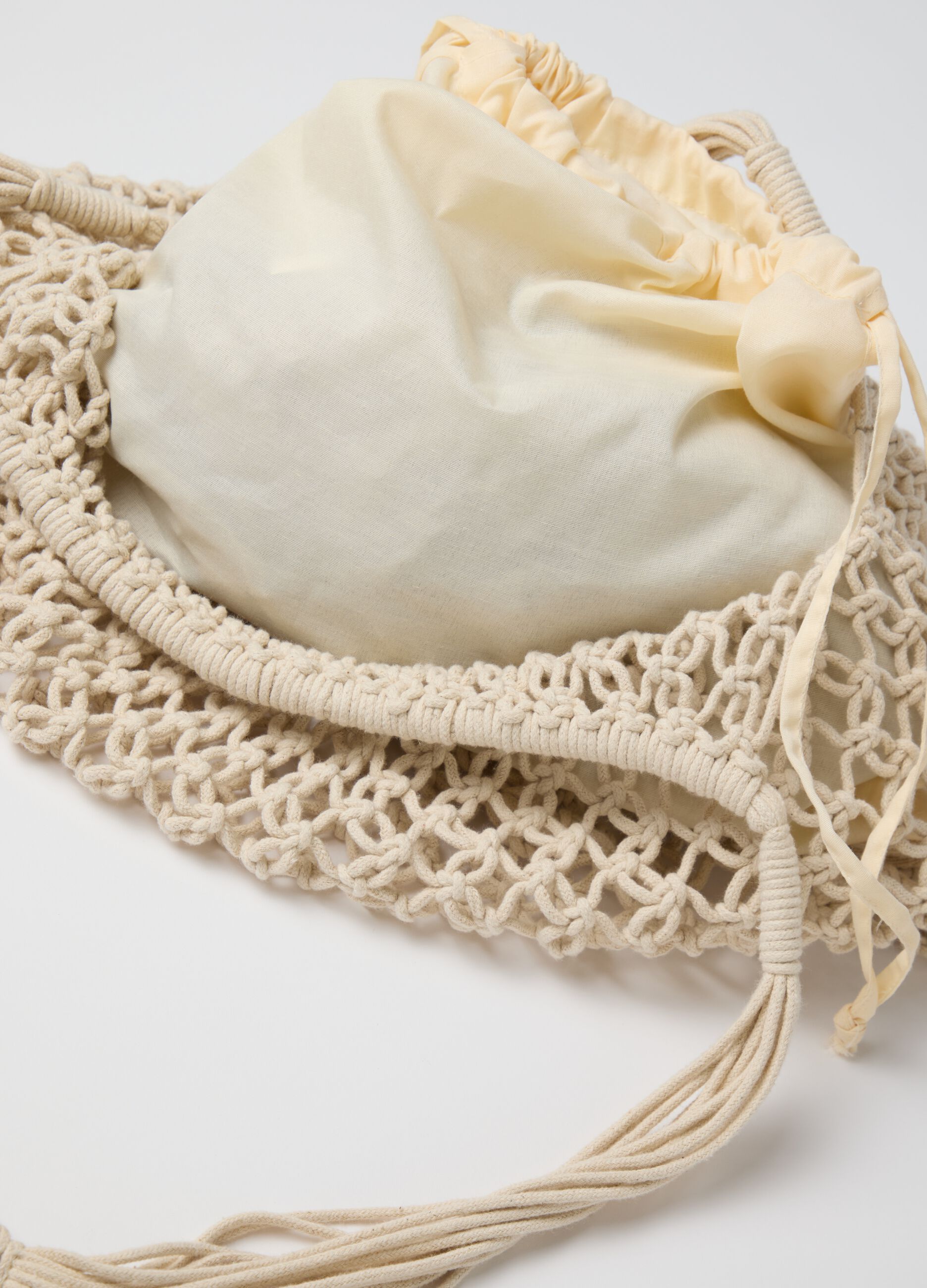 Borsa mare da donna in cotone beige con tracolla intrecciata