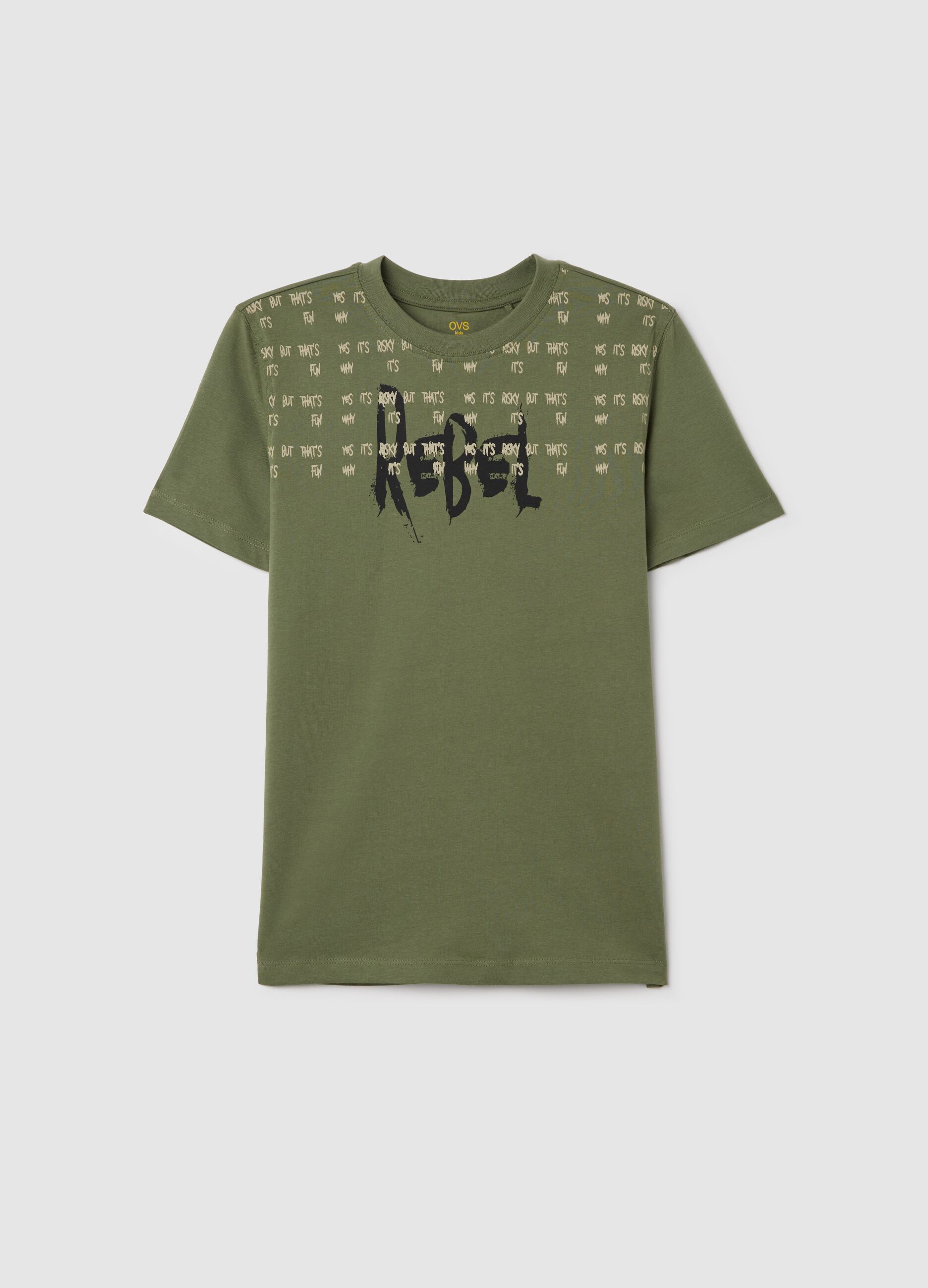 Green cotton T-shirt with "Rebel" print