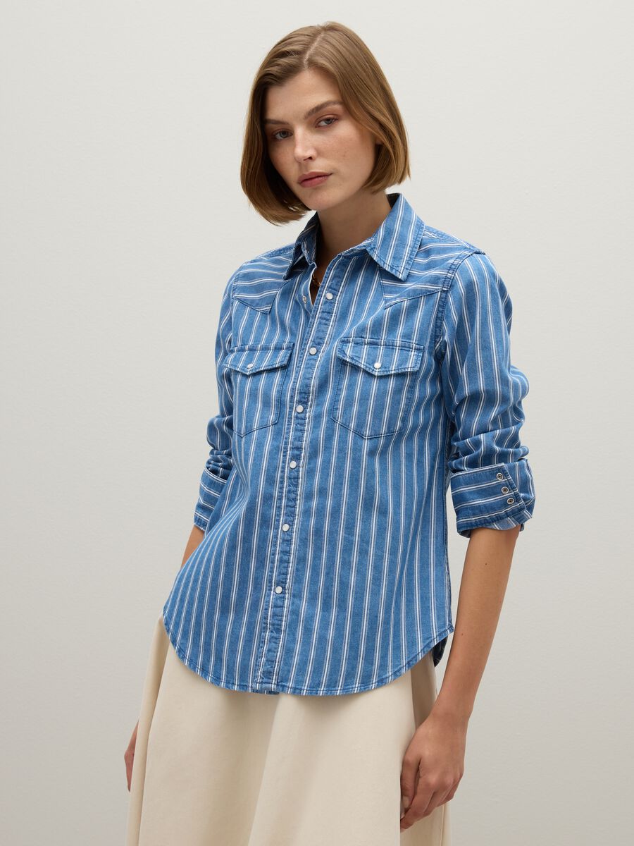 Striped Pure Cotton Denim Shirt_0