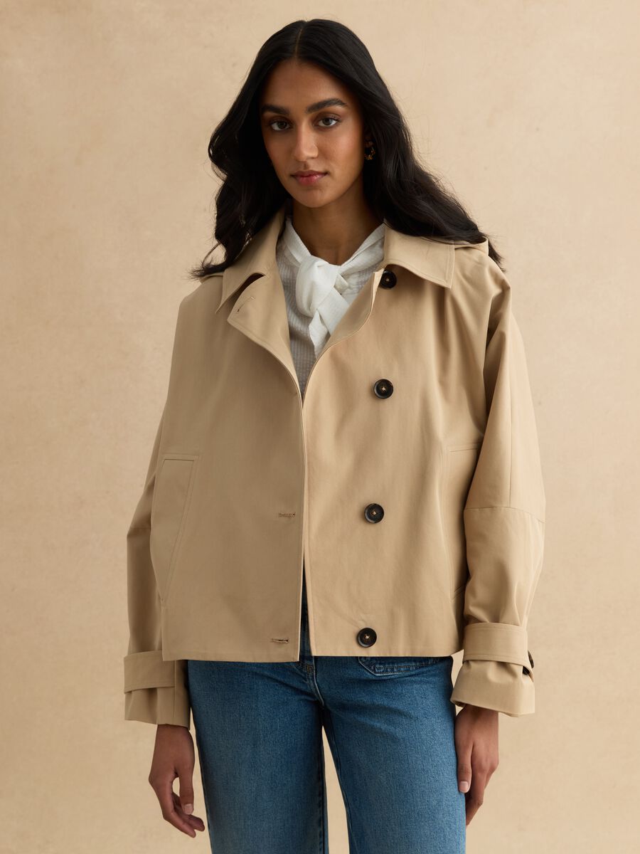 Trench corto in misto cotone beige regular fit con cappuccio_1