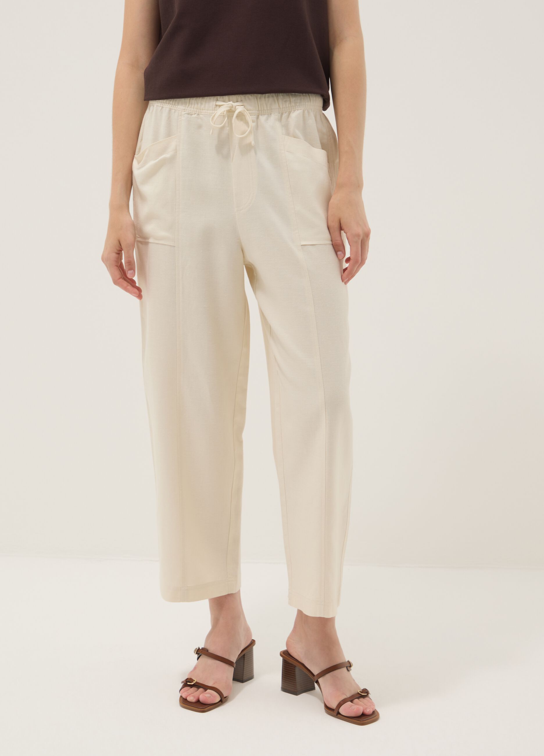 White viscose-linen blend trousers with drawstring, straight fit