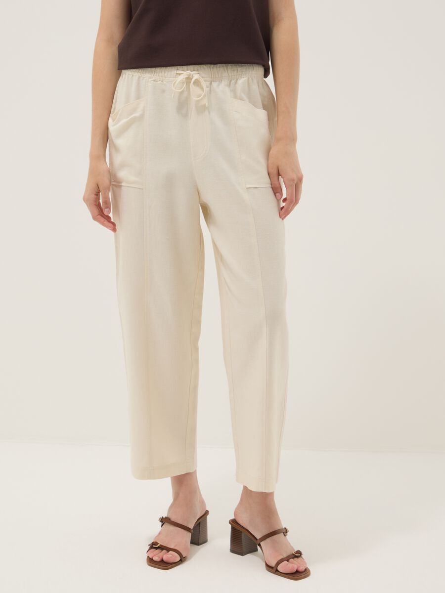 White viscose-linen blend trousers with drawstring, straight fit_1