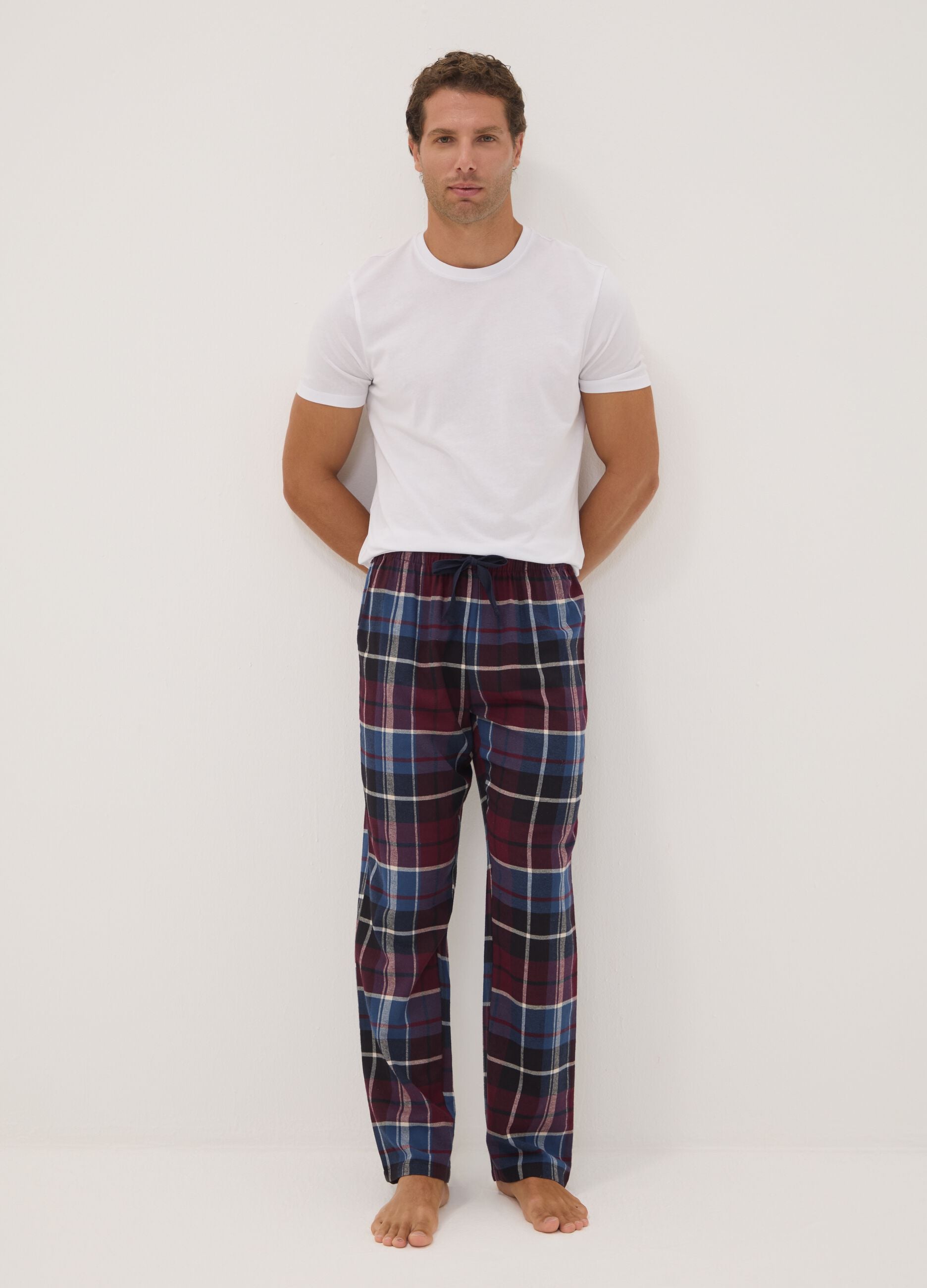 Pantaloni pigiama rossi e blu in flanella di puro cotone organico a quadri