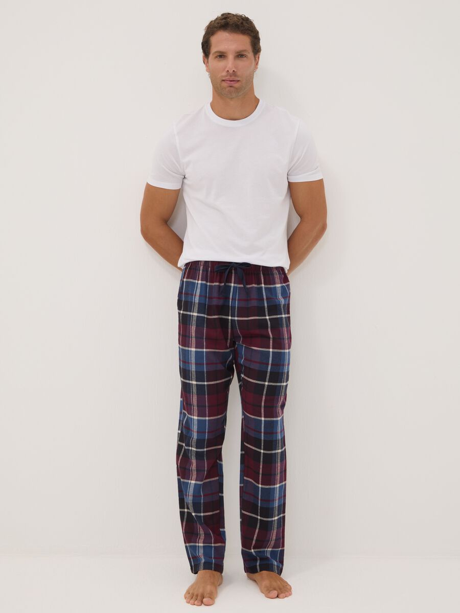 Pantaloni pigiama rossi e blu in flanella di puro cotone organico a quadri_0