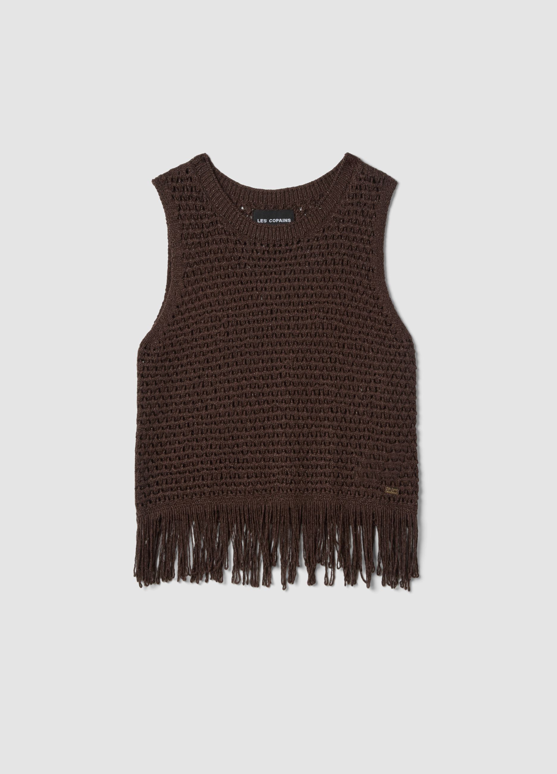 Brown open-knit viscose-blend top with fringes