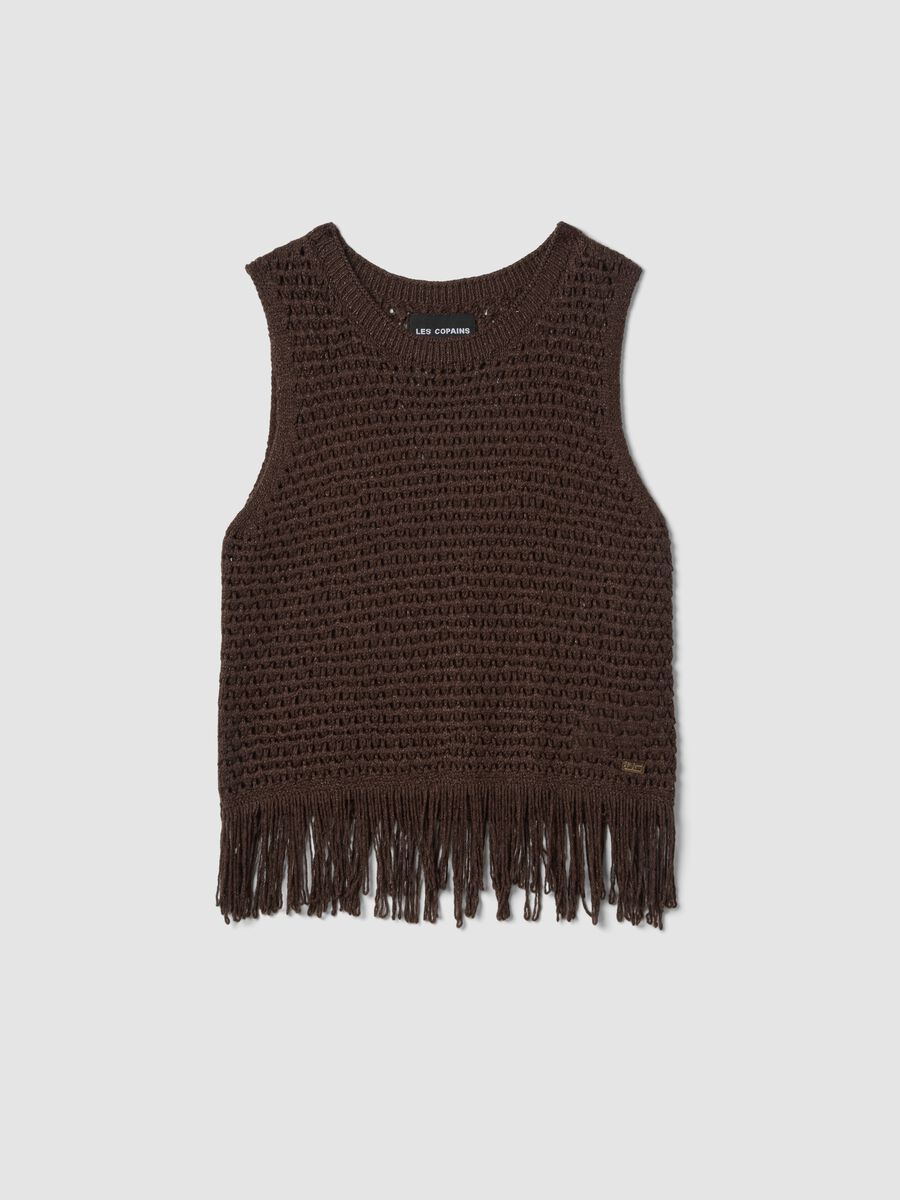 Brown open-knit viscose-blend top with fringes_0