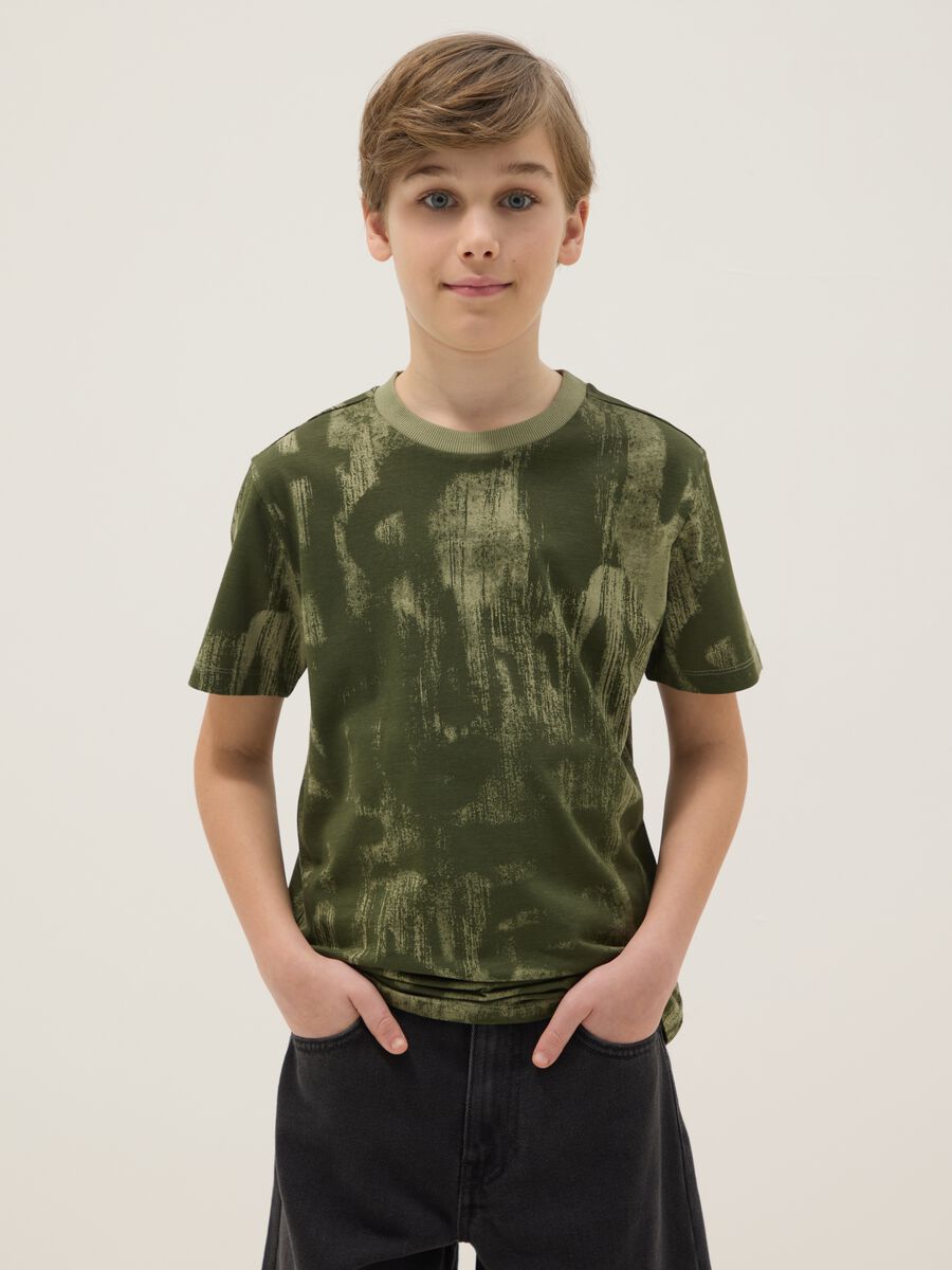 T-shirt in puro cotone verde da ragazzo regular fit con stampe_0