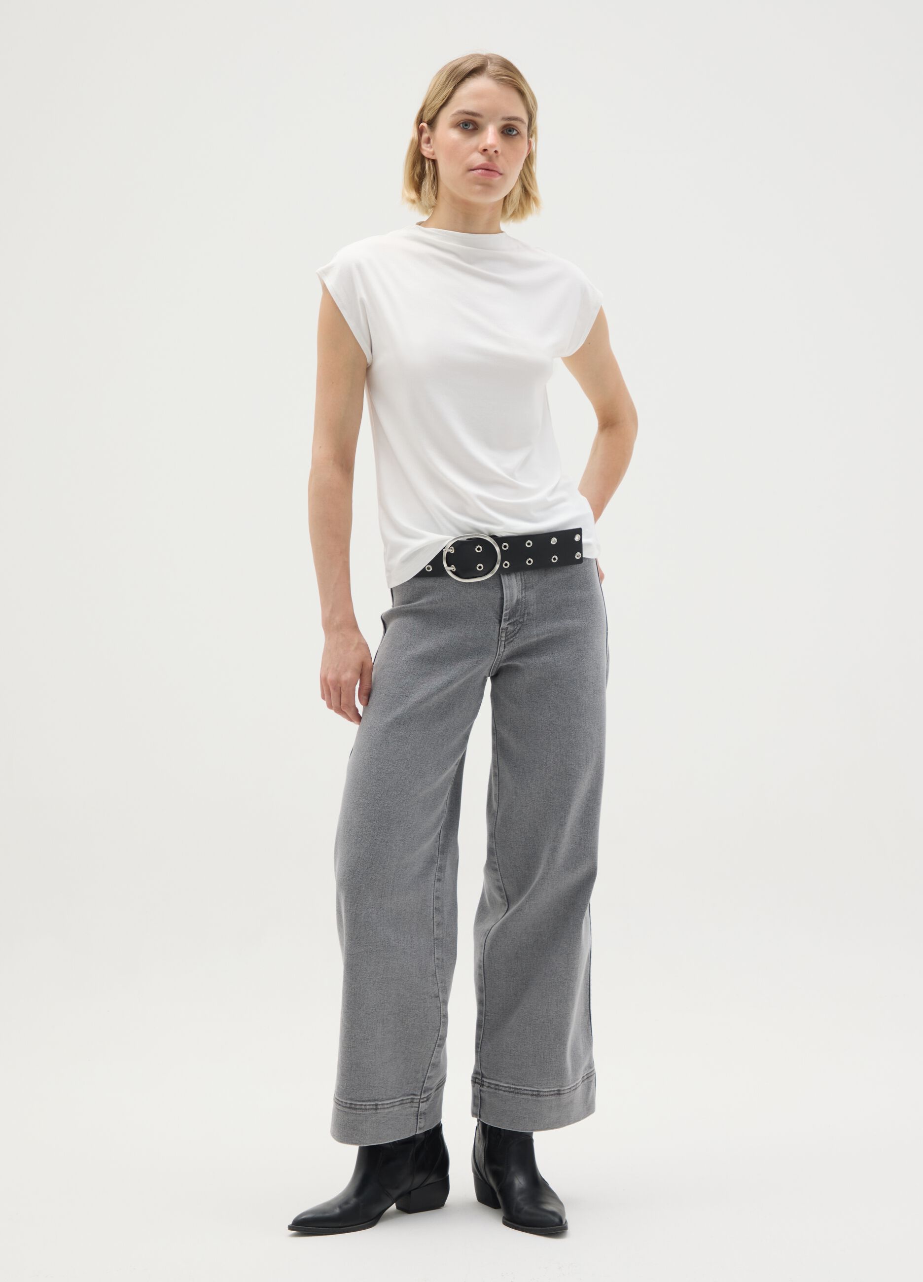 Grey denim wide leg jeans
