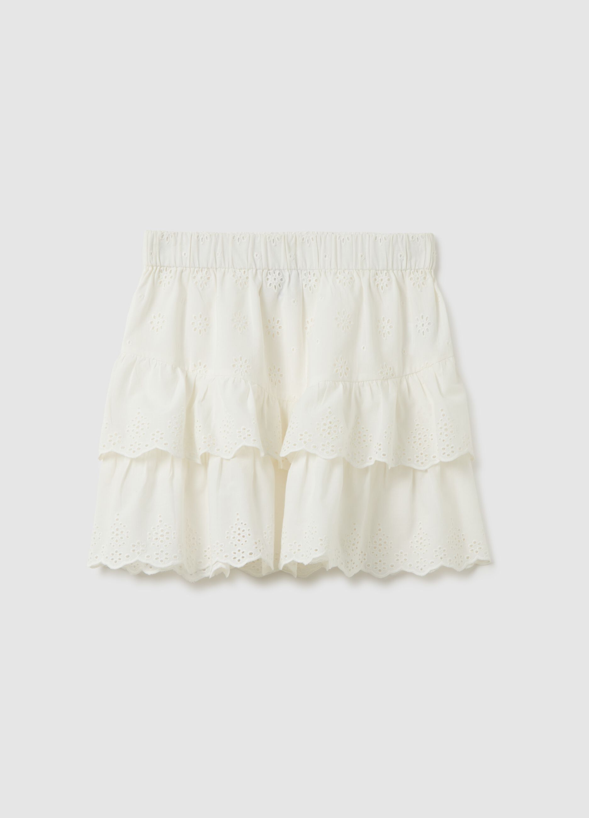 Gonna da donna in puro cotone bianca regular fit con volant ricamato
