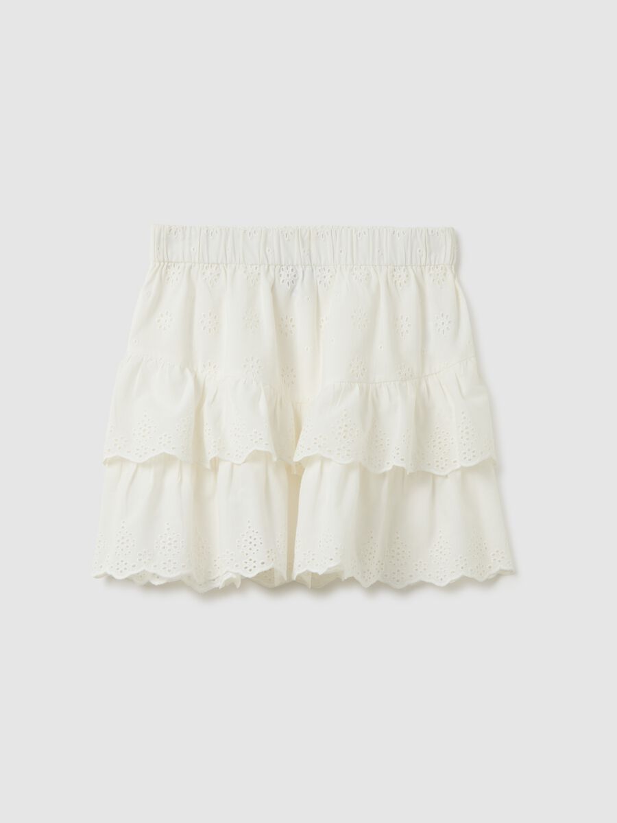 Women's pure white cotton skirt, regular fit with embroidered ruffle_0