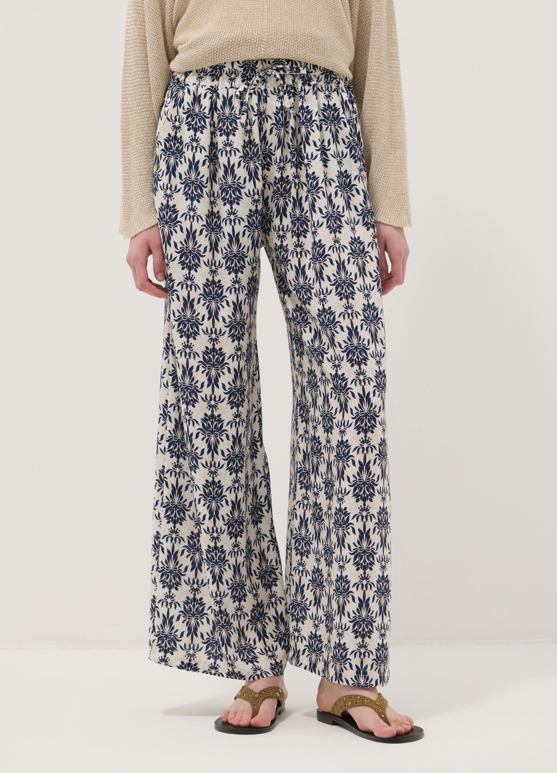White pure viscose patterned trousers, regular fit
