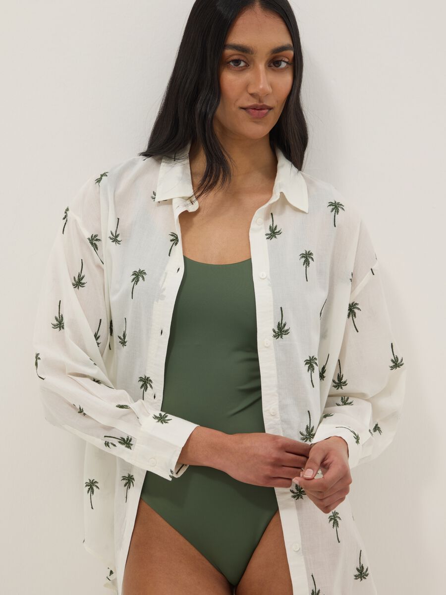 White pure organic cotton kaftan with palm print_0