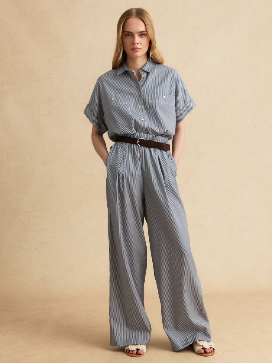 Pantaloni palazzo a righe bianche e blu in misto cotone regular fit_0