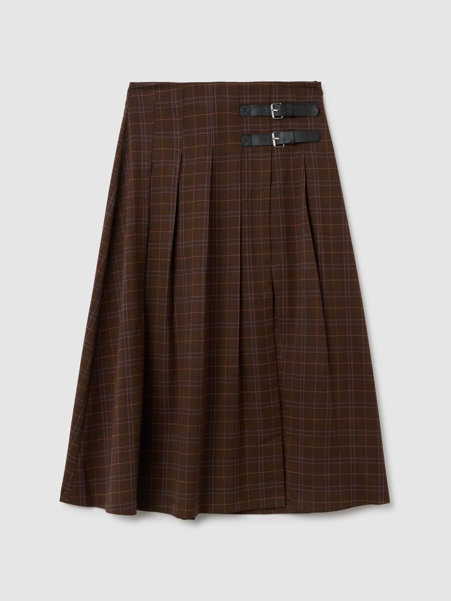 Brown Checked Long Skirt with Buckles_4