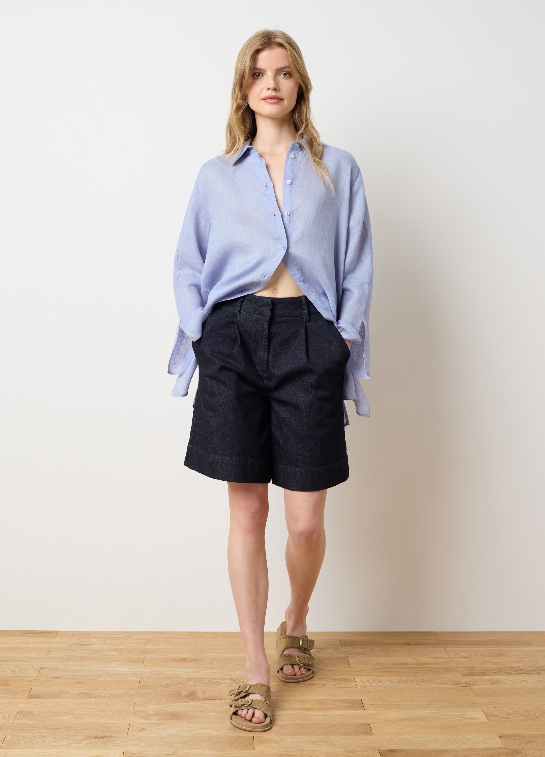 Women's Long Oversized Blue Pure Linen Shirt