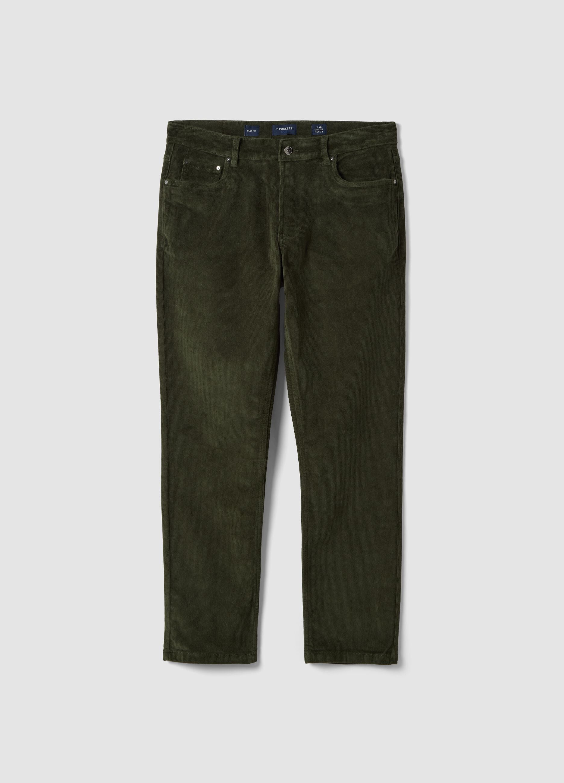 Pantaloni verdi in cotone elasticizzato a coste slim fit