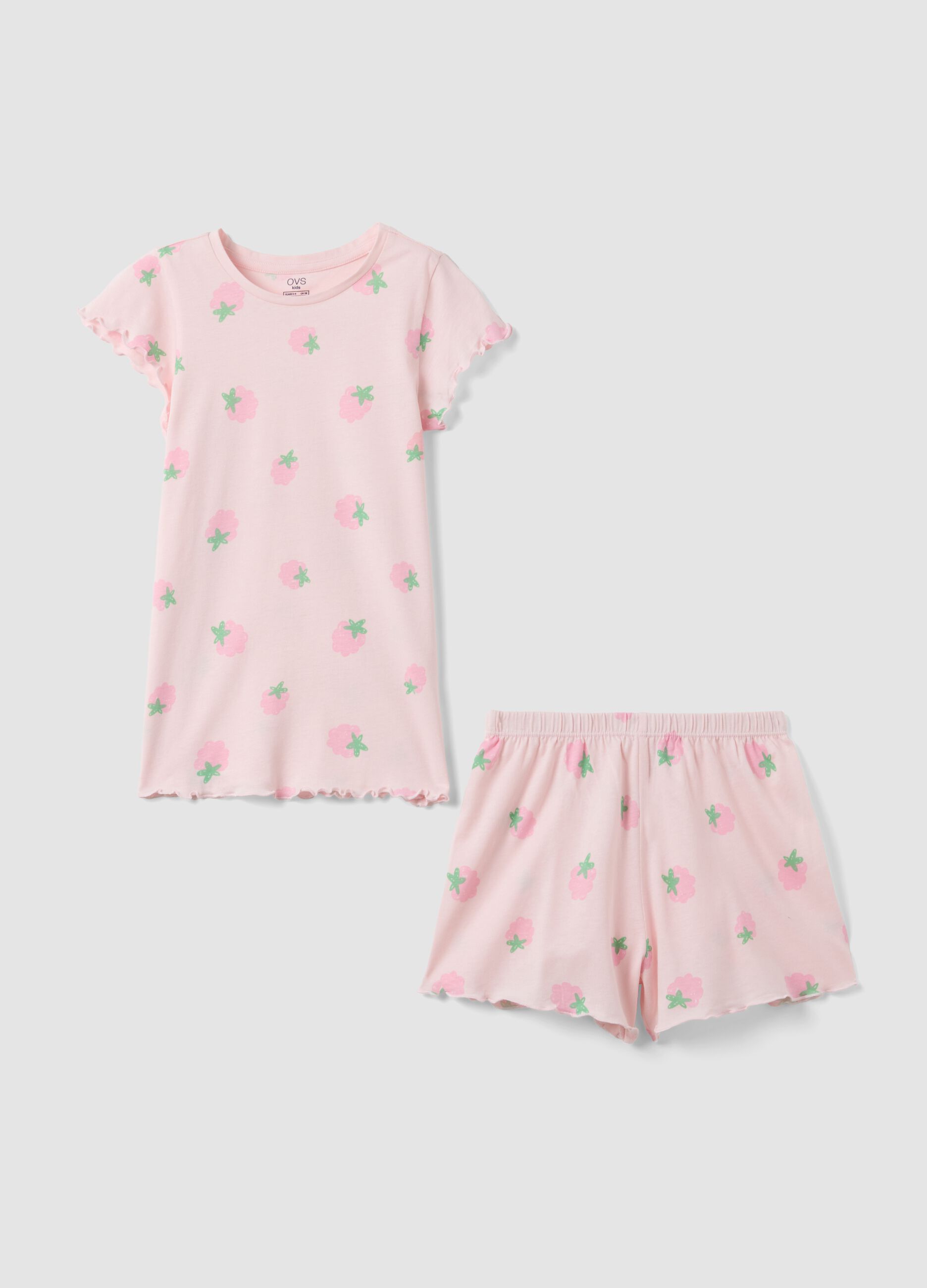 Pigiama corto in puro cotone rosa da bambina regular fit con fragole