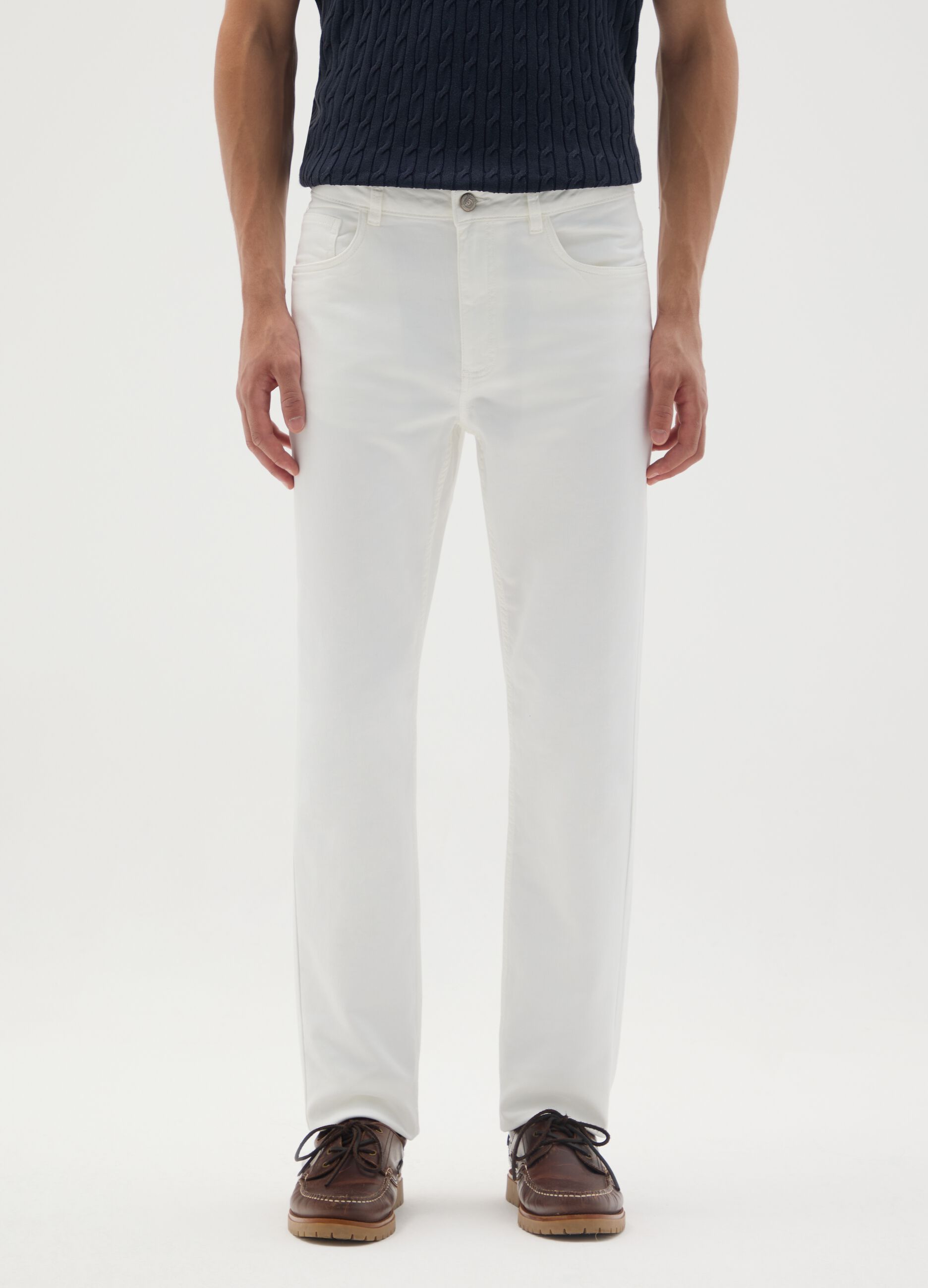 White Stretch Cotton Slim Fit Trousers