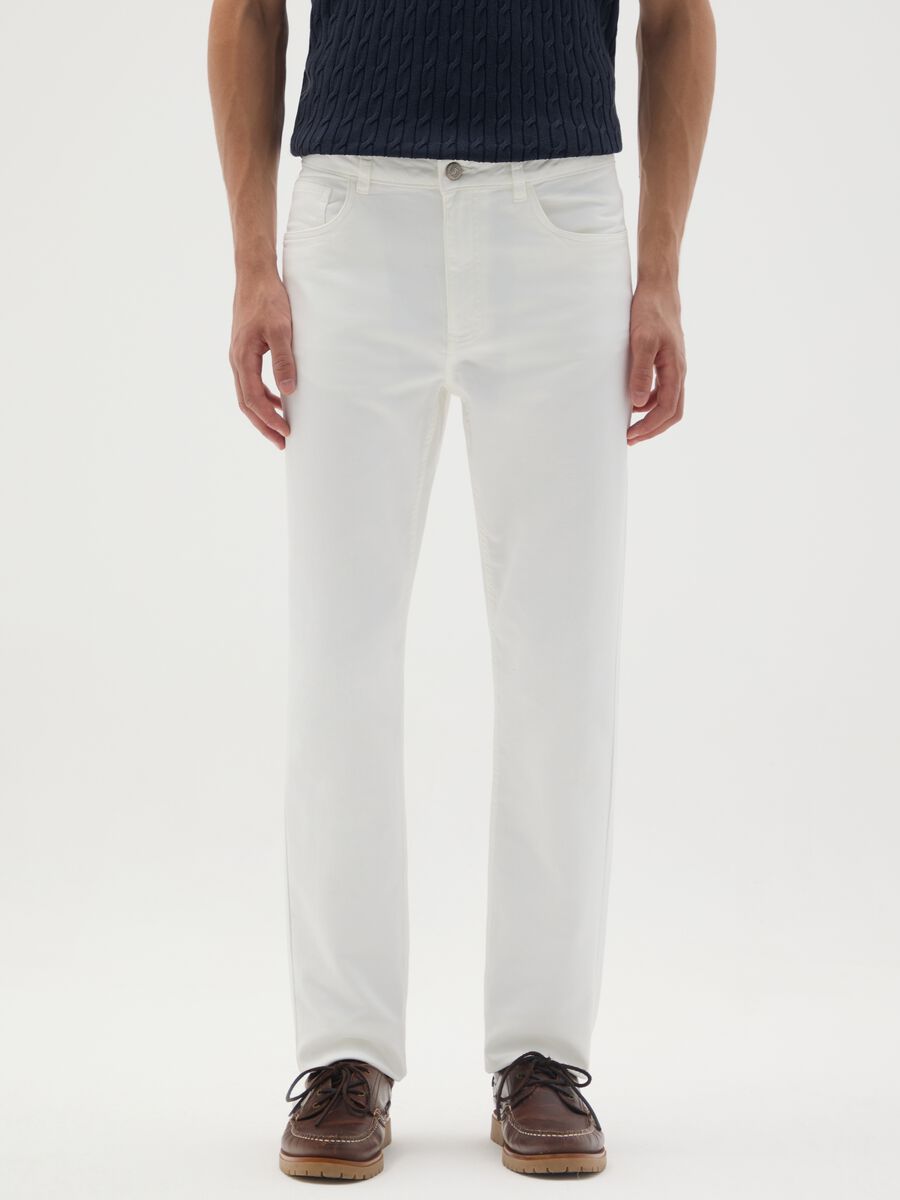 White Stretch Cotton Slim Fit Trousers_1