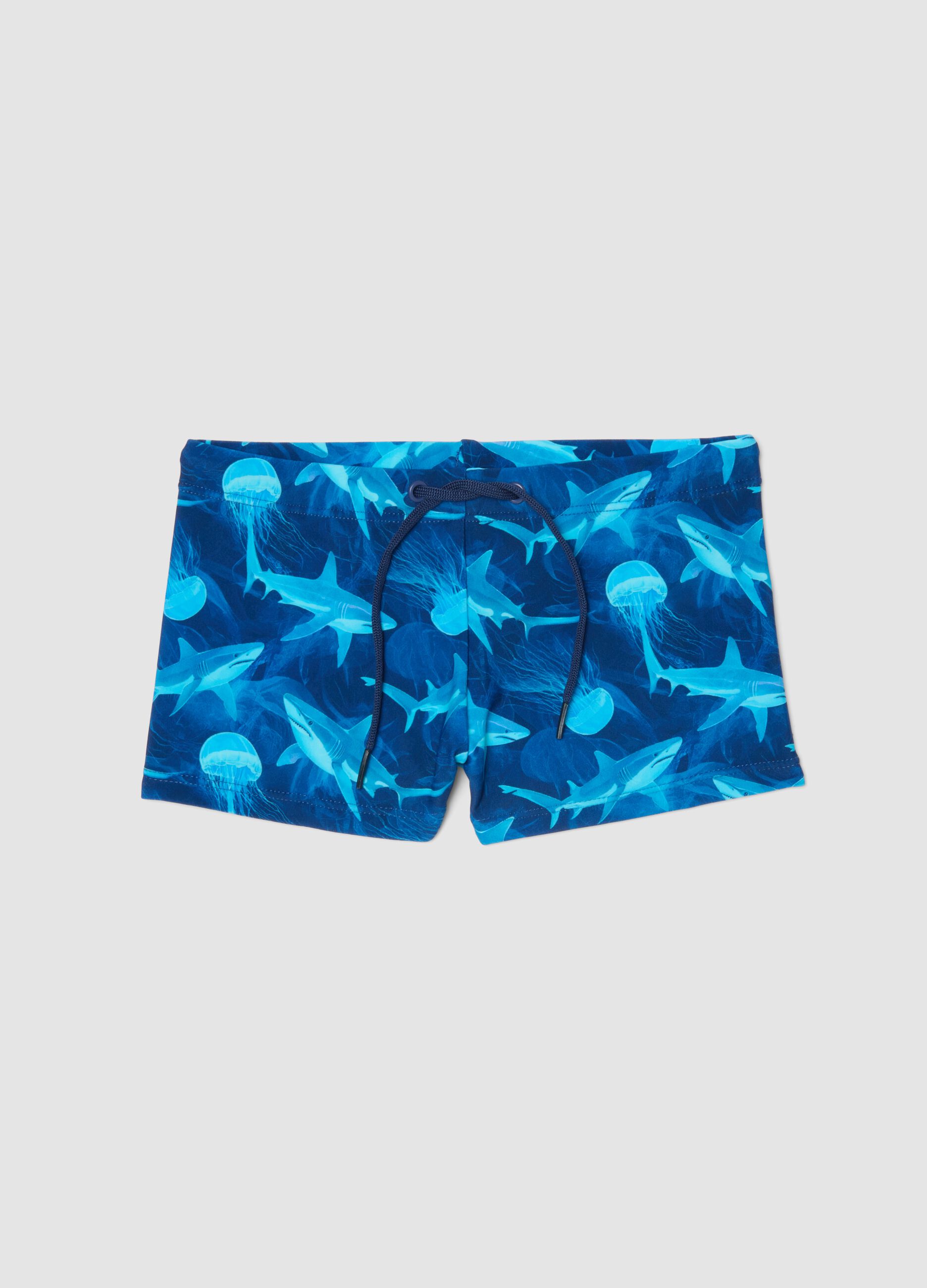 Blue stretch swim shorts with shark print