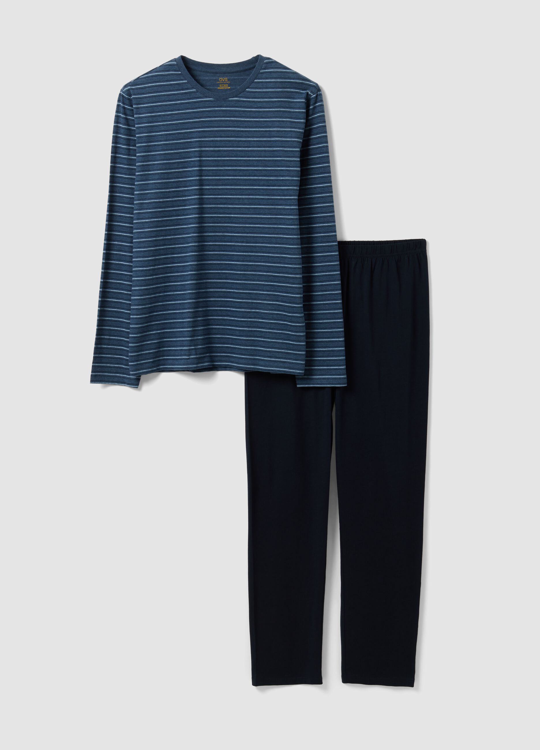 Blue and black striped organic cotton crew-neck pyjamas