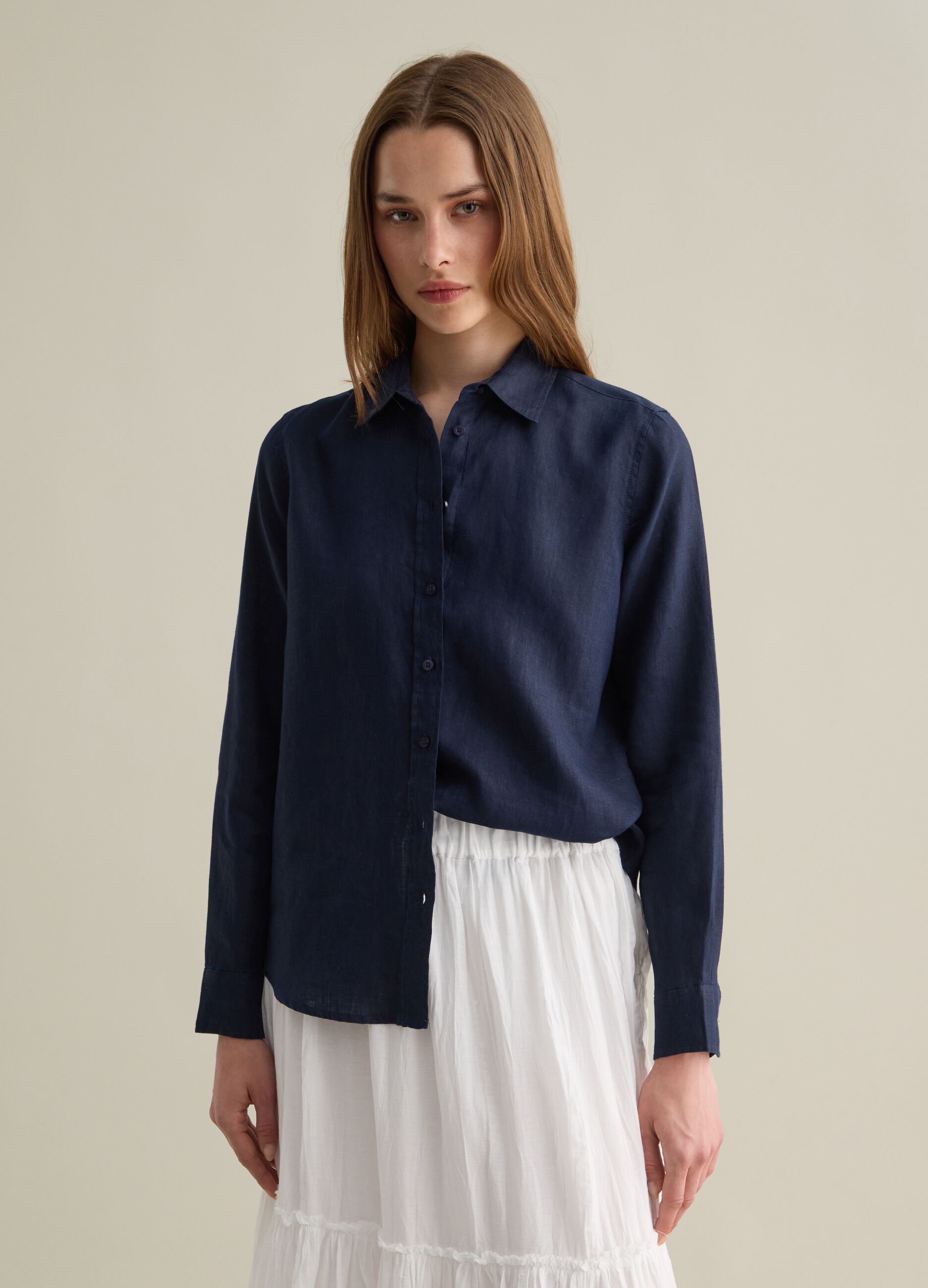 Camicia regular fit in lino blu