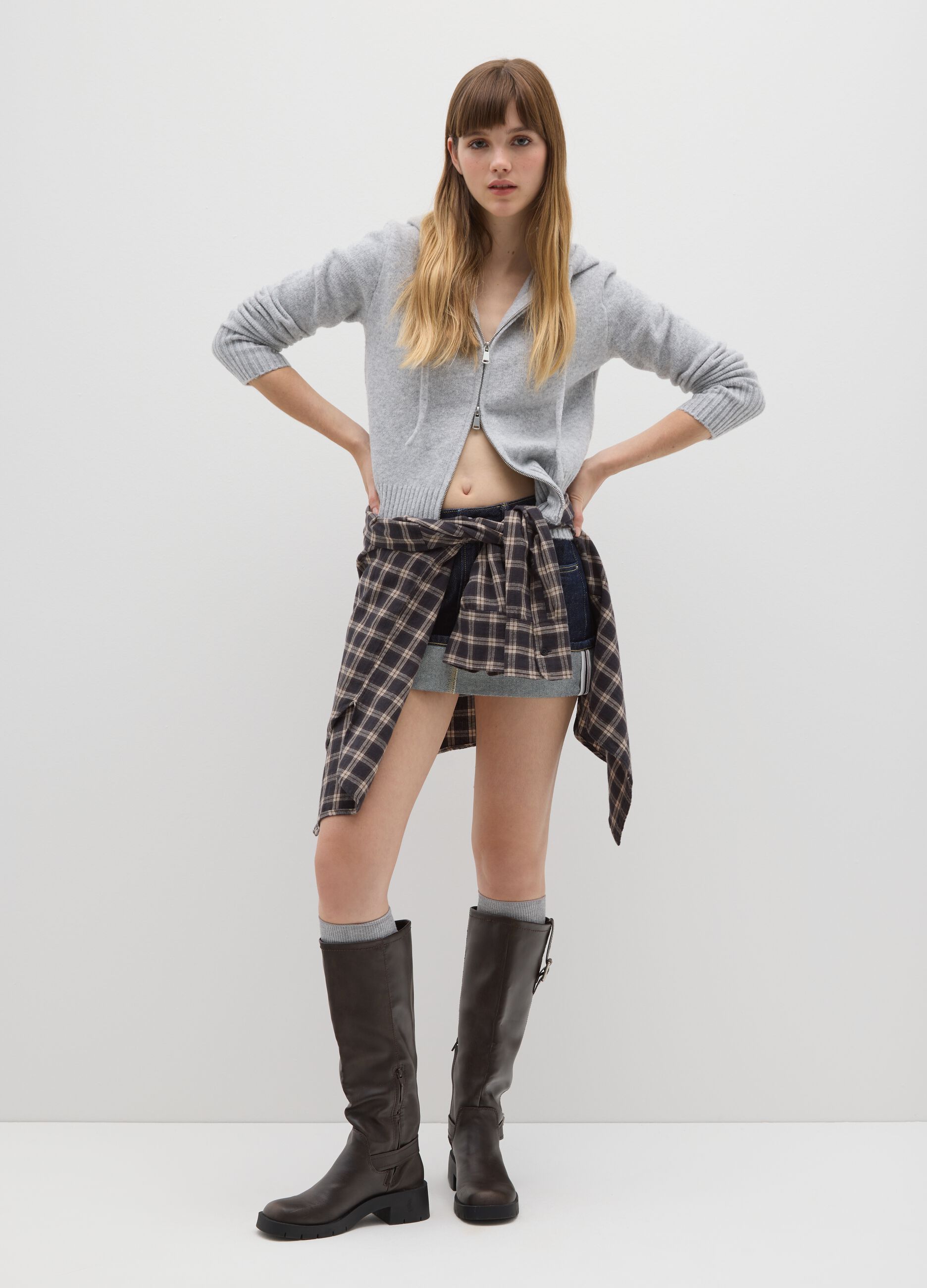 Grey Hooded Regular Fit Cardigan with Zip