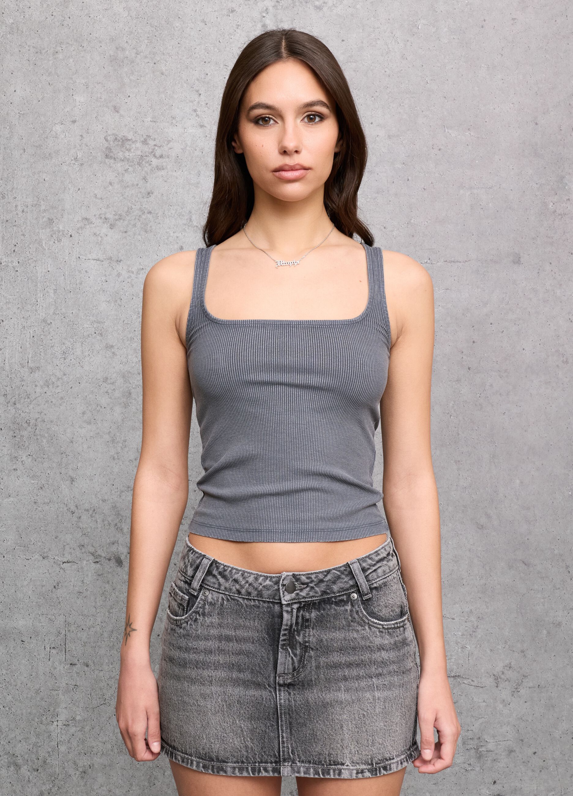 Vintage Grey Square-Neck Tank Top