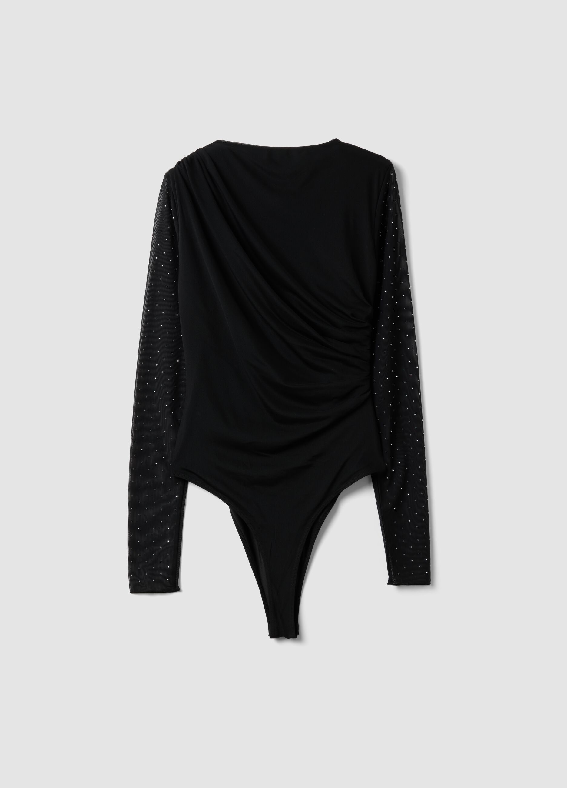 Black stretch-fabric bodysuit with crew neck