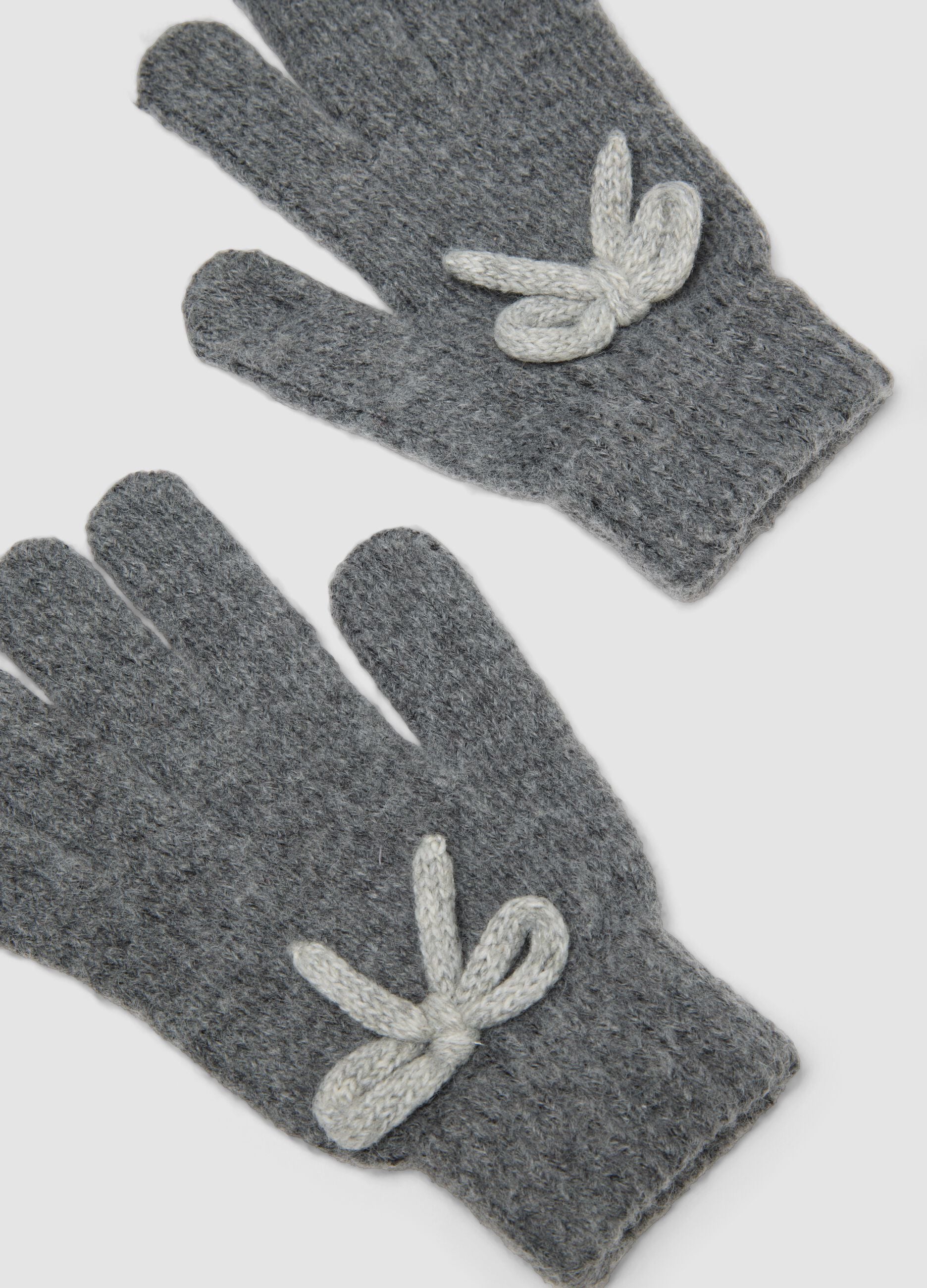 Grey wool-blend gloves with knitted bow detail
