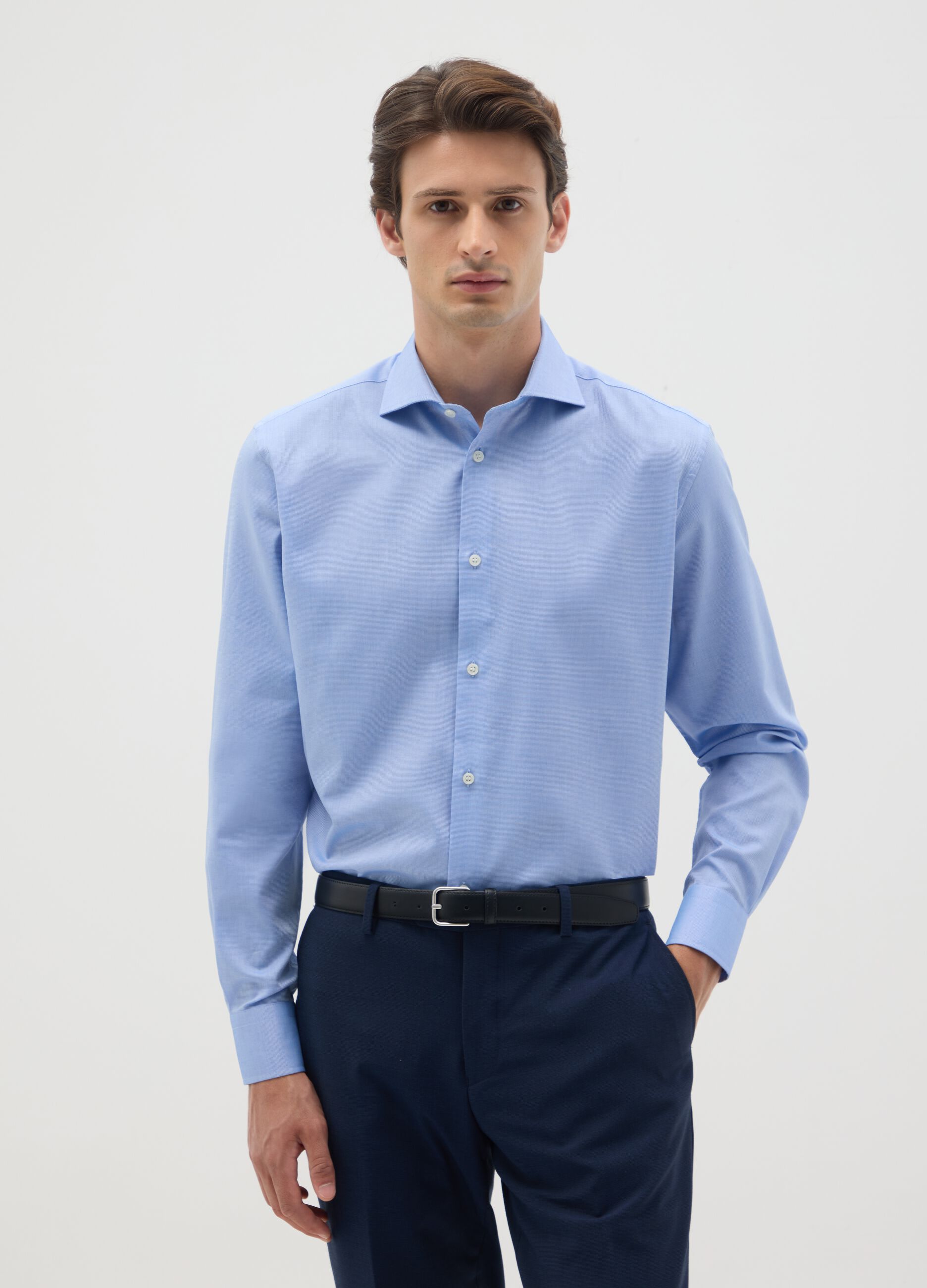 Men's blue pure cotton shirt easy iron