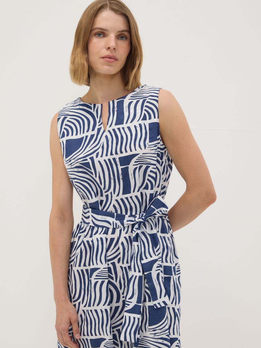 Abito blu in puro cotone con fantasia e cintura abbinata regular fit_0