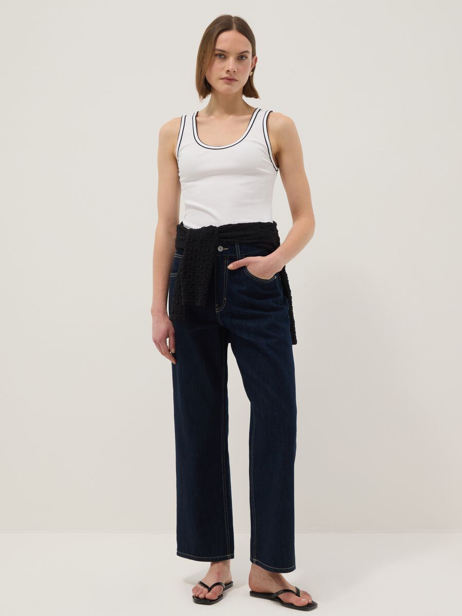 White stretch cotton tank top with border regular fit_2