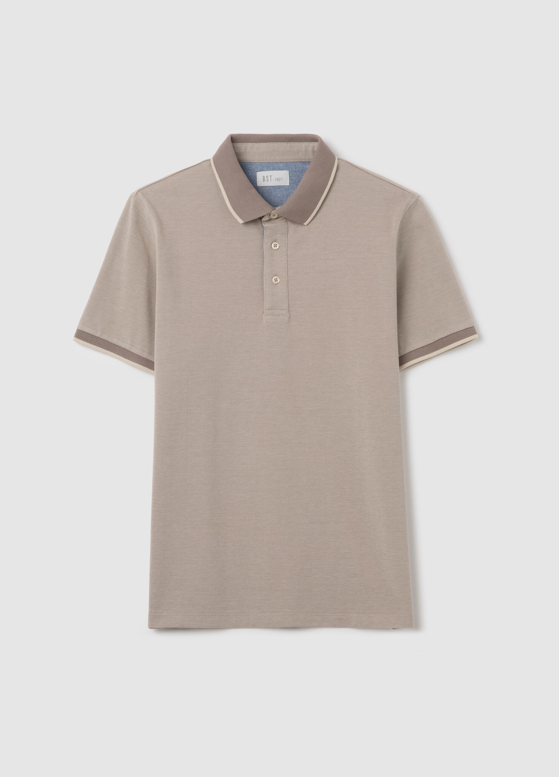 Beige polo shirt with short sleeves in cotton piquet