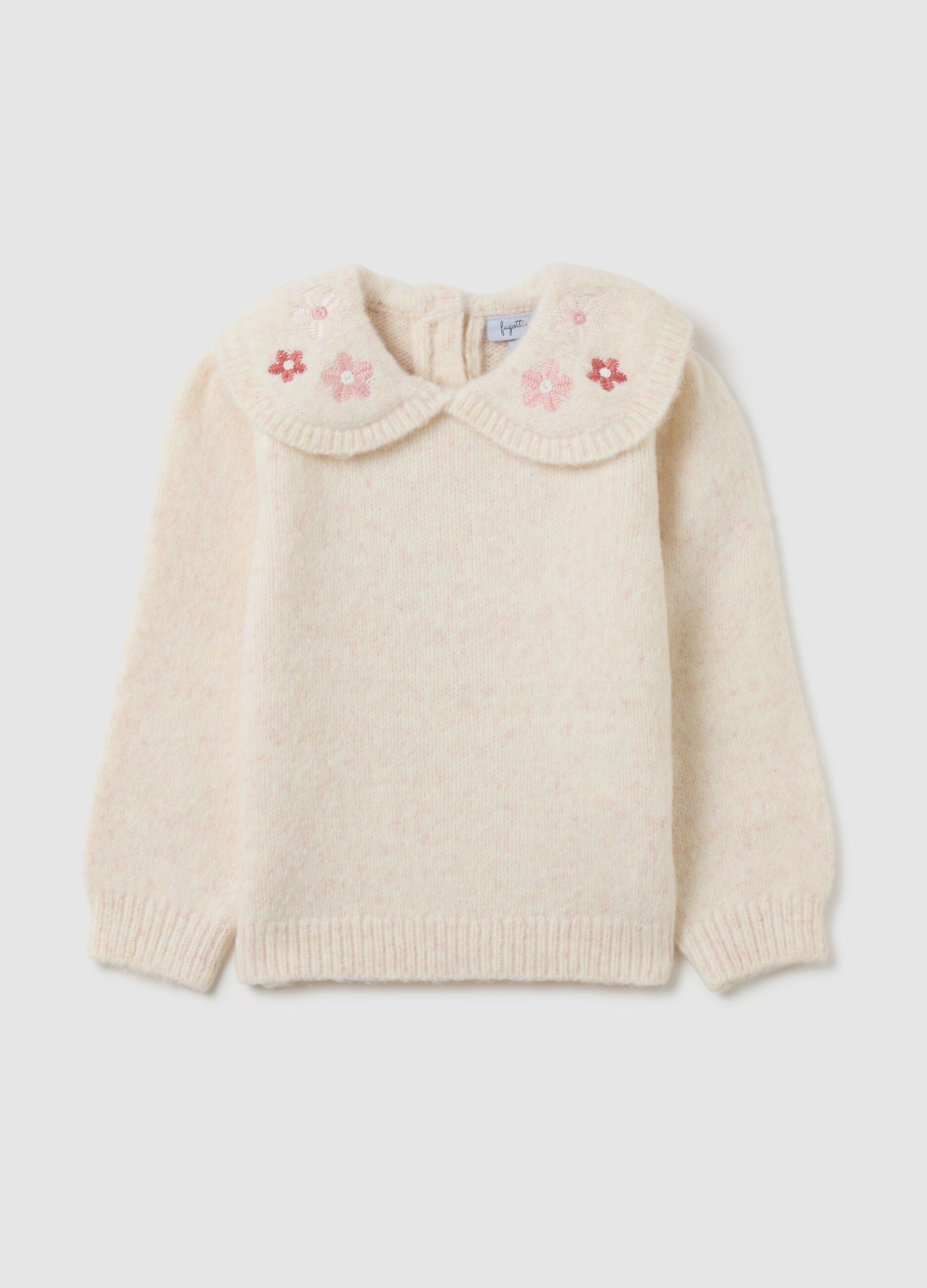 Beige regular fit girls' sweater with embroidered collar