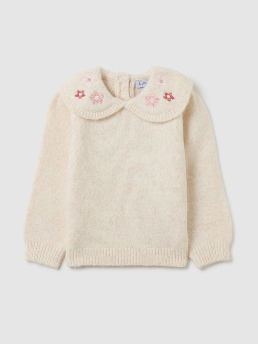 Beige regular fit girls' sweater with embroidered collar_0