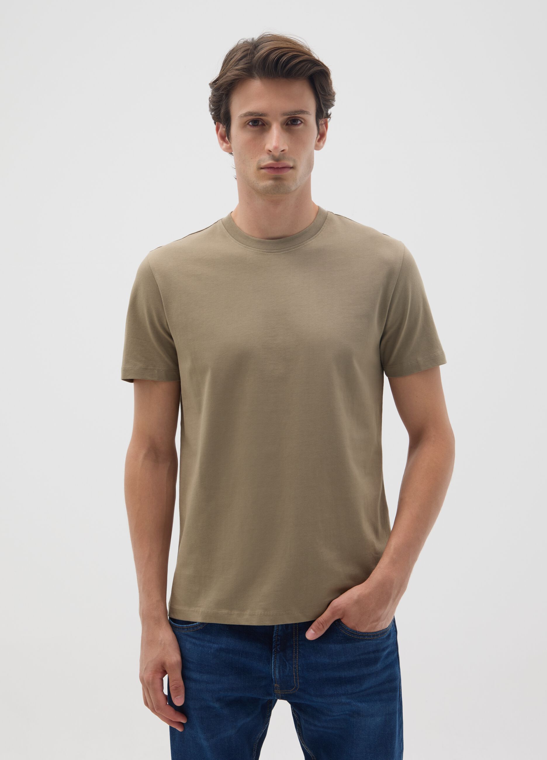 Beige pure cotton regular fit T-shirt