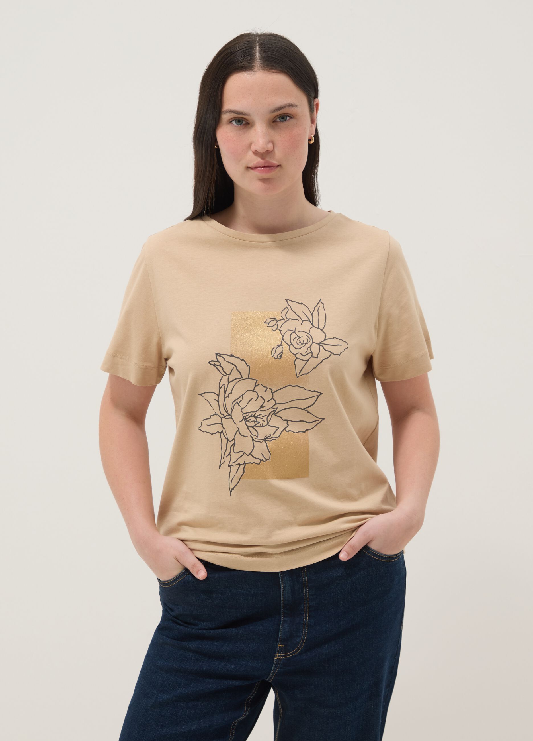 Beige short-sleeve pure cotton printed T-shirt, regular fit