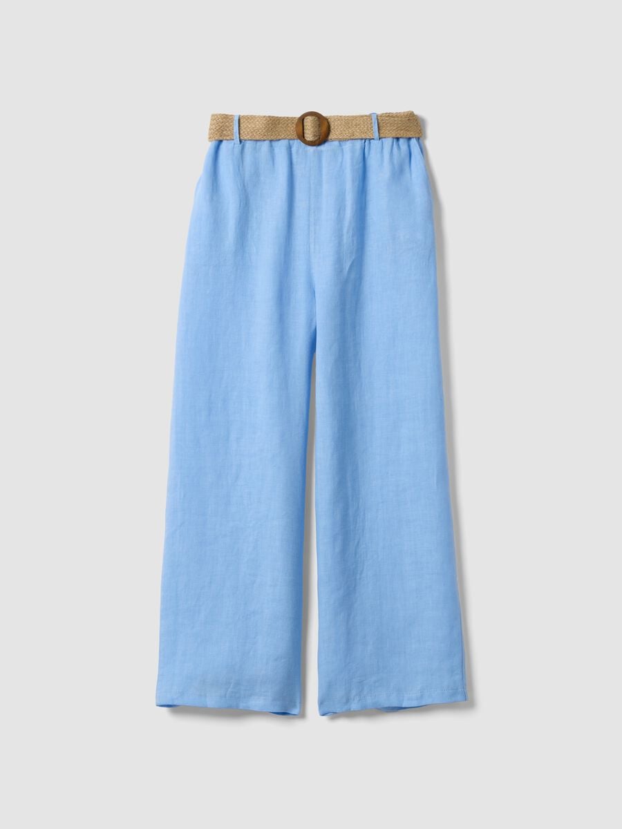 Pantaloni azzurri in puro lino a gamba larga e vita elasticizzata_4
