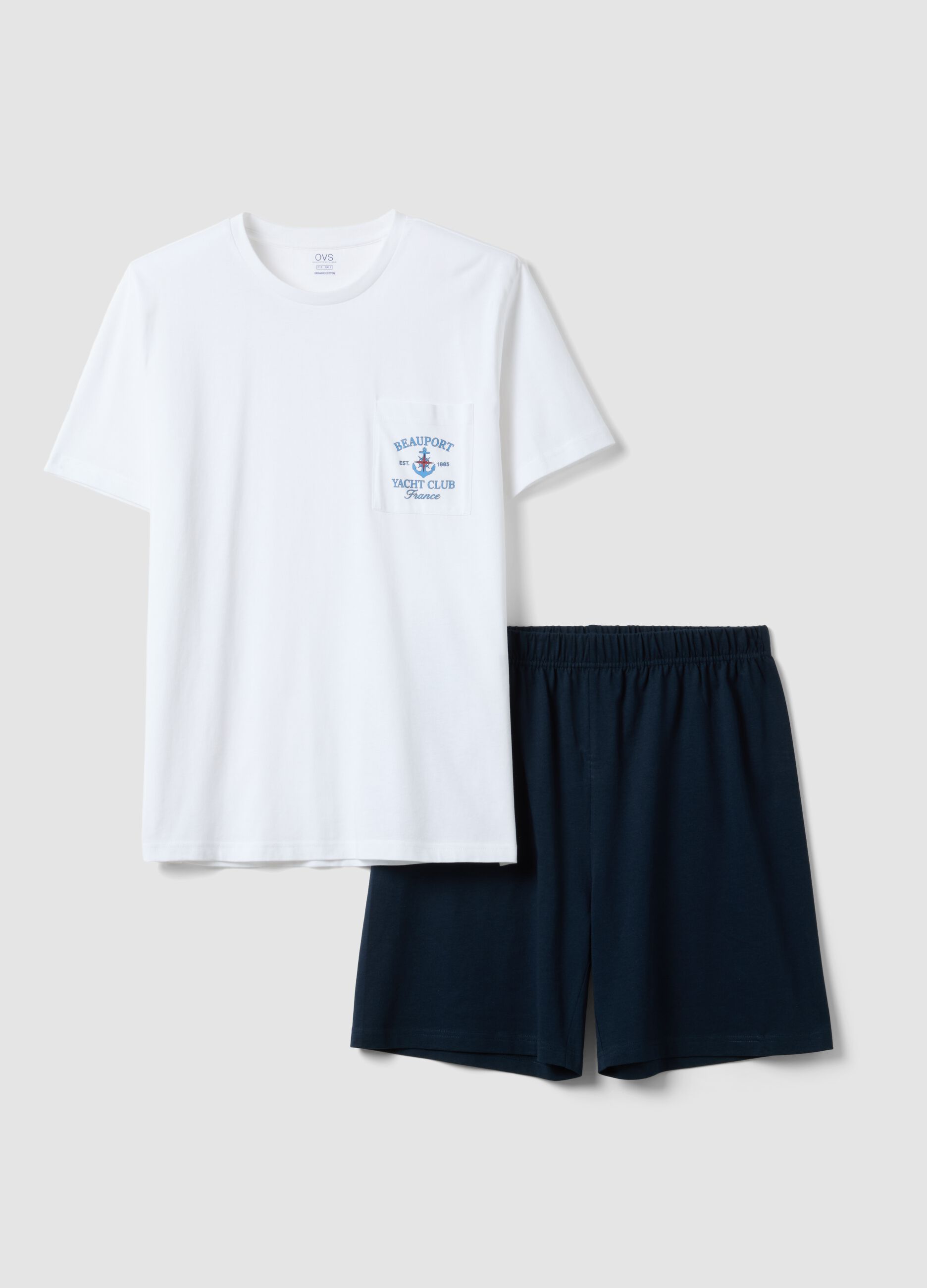 Pigiama jersey bianco e blu in puro cotone regular fit