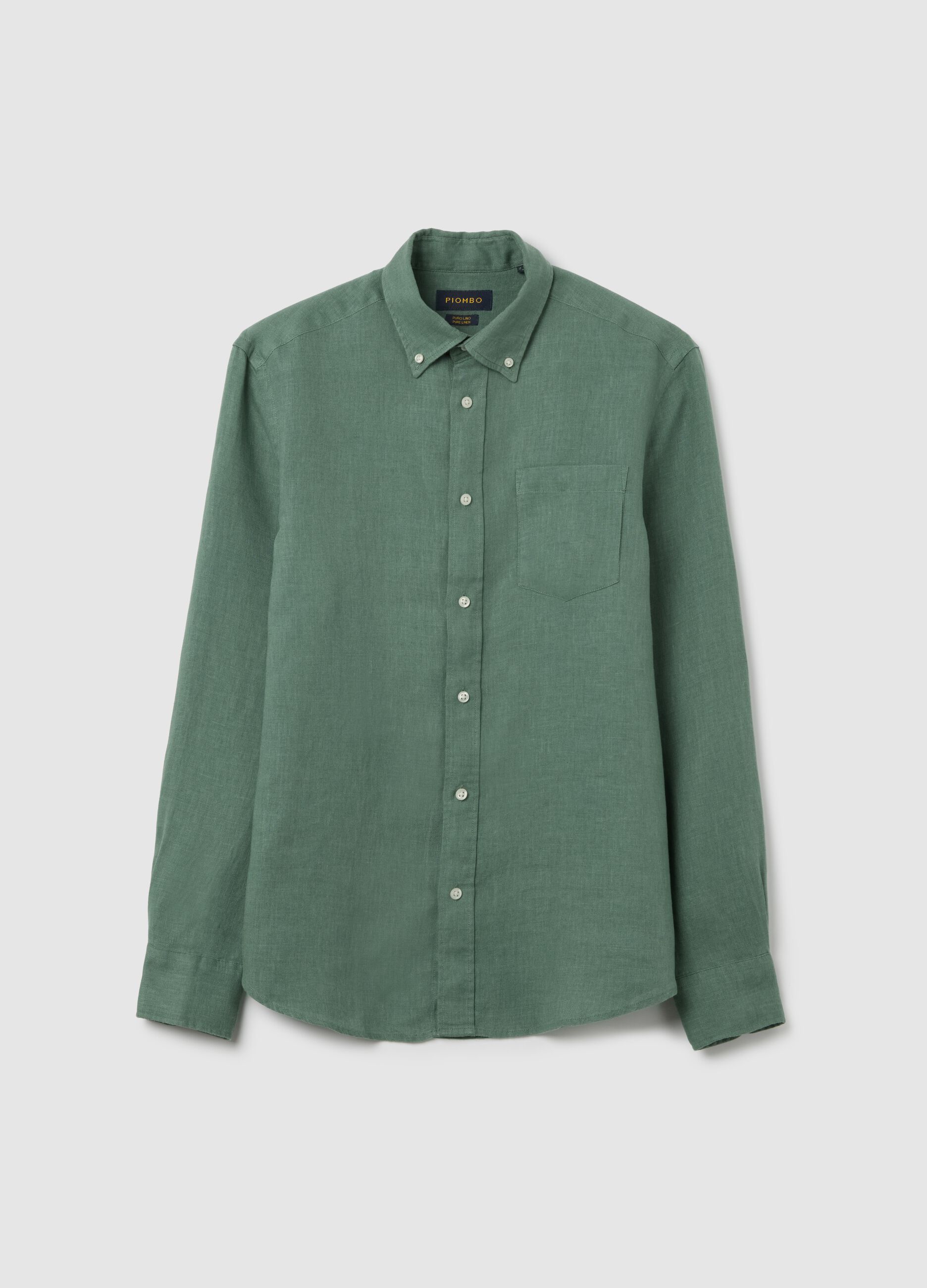Camicia da uomo in puro lino verde regular fit con colletto button down