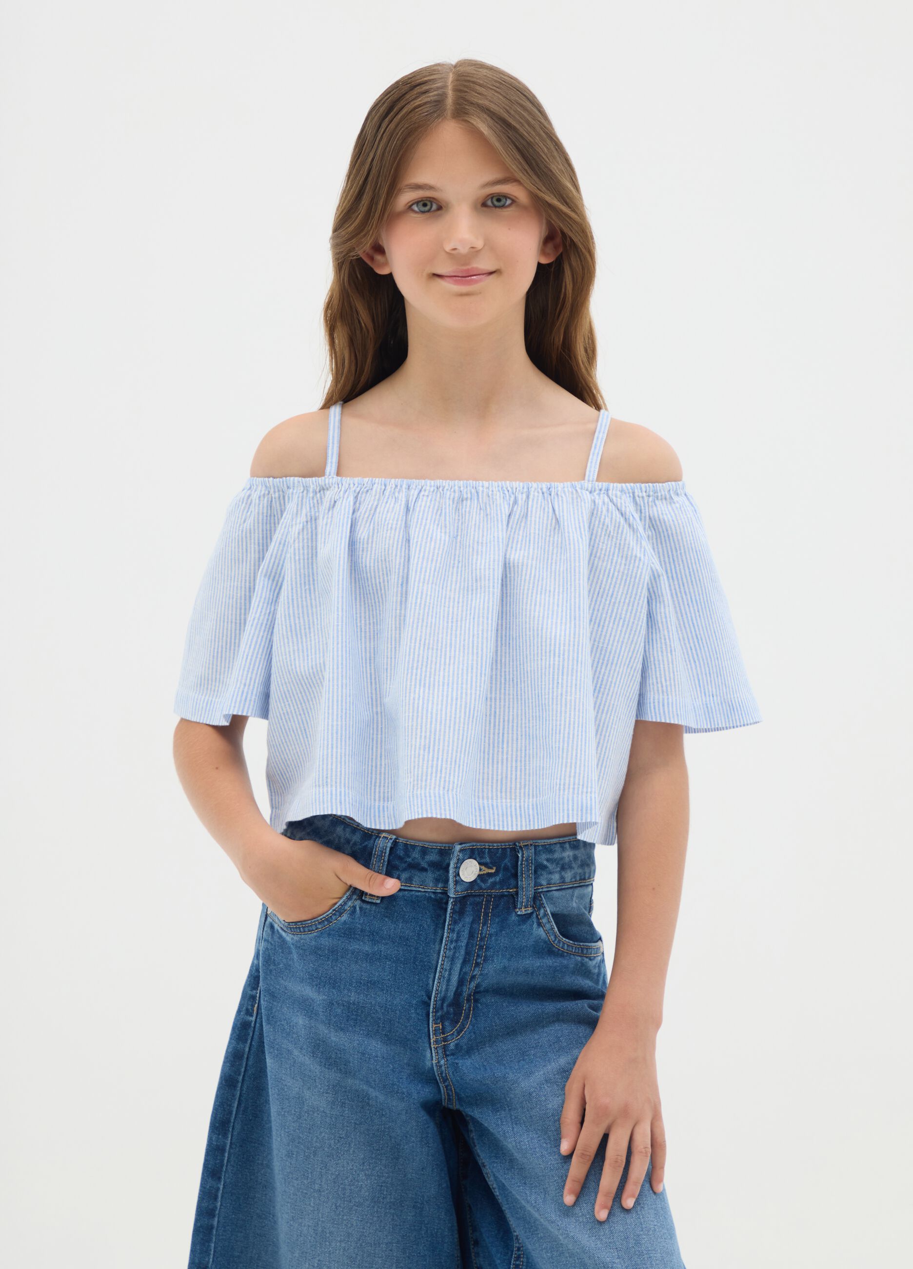 Girls' multicolour regular fit cotton blend blouse with off-the-shoulder design