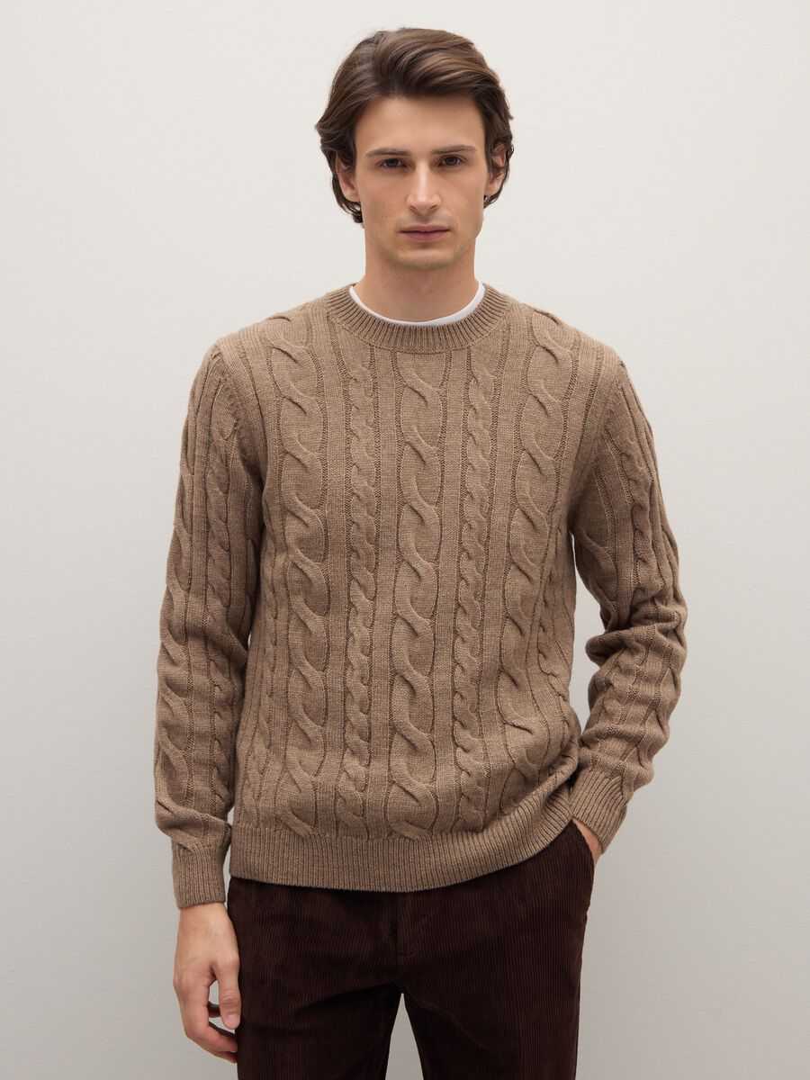 Brown regular fit crew neck jumper with cable knit_1
