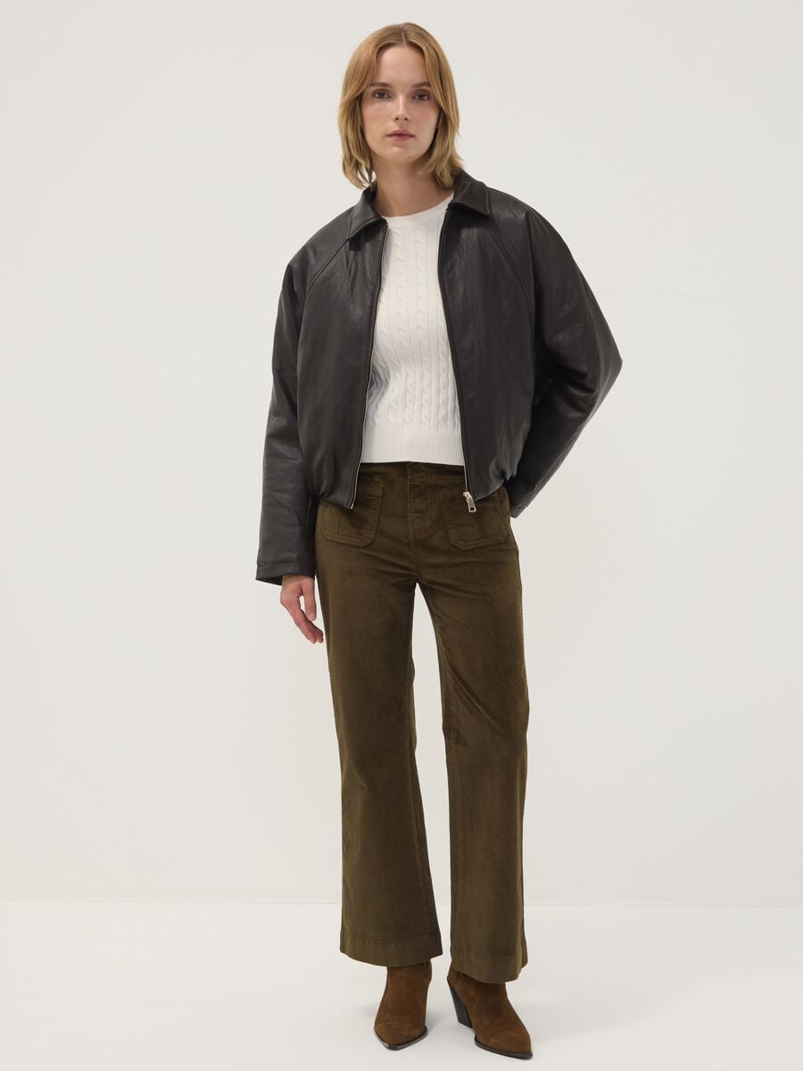 Green flared ribbed stretch cotton and modal trousers_0